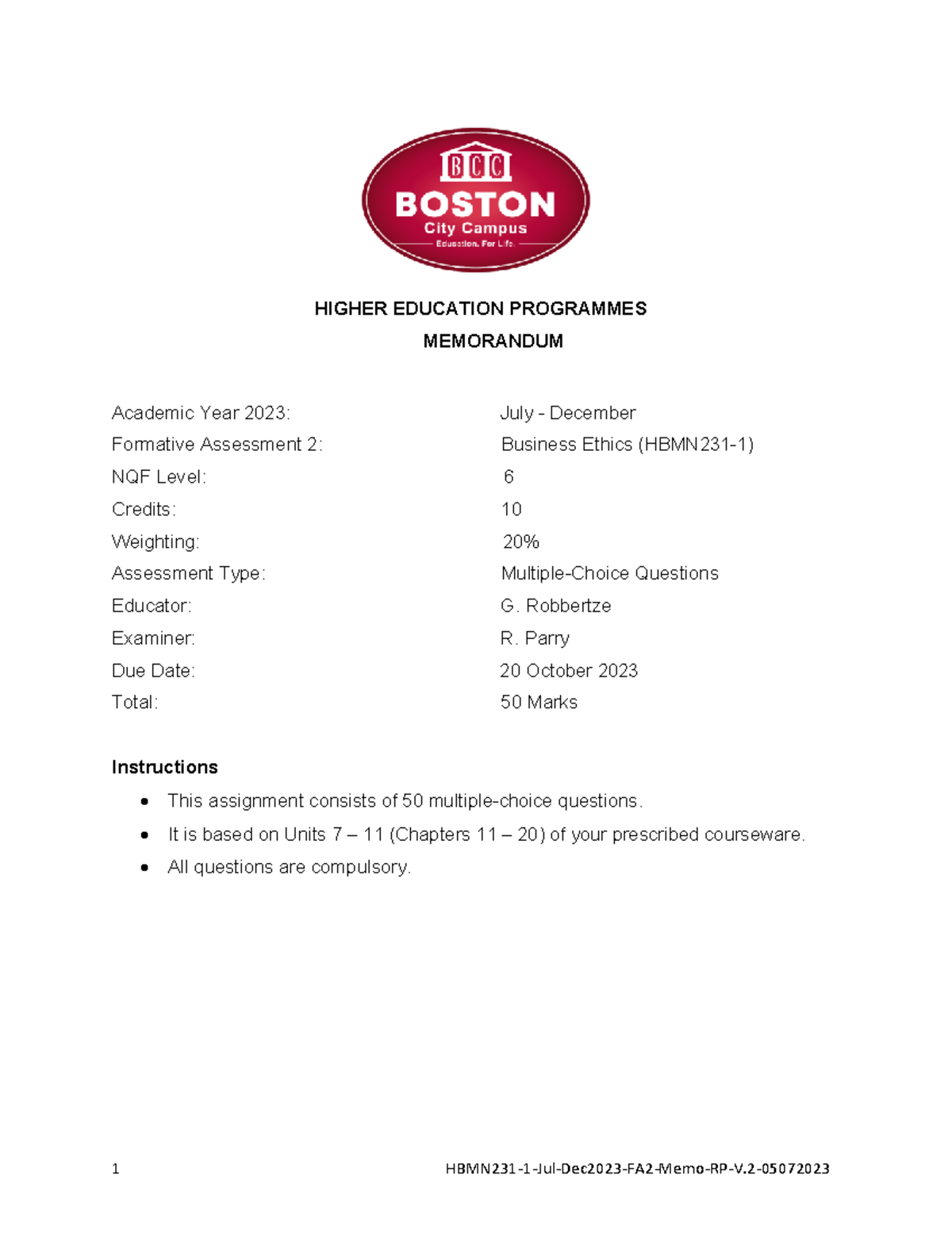 HBMN231-1 - Formative Assessment 2: Business Ethics MCQs Memo (Jul-Dec ...