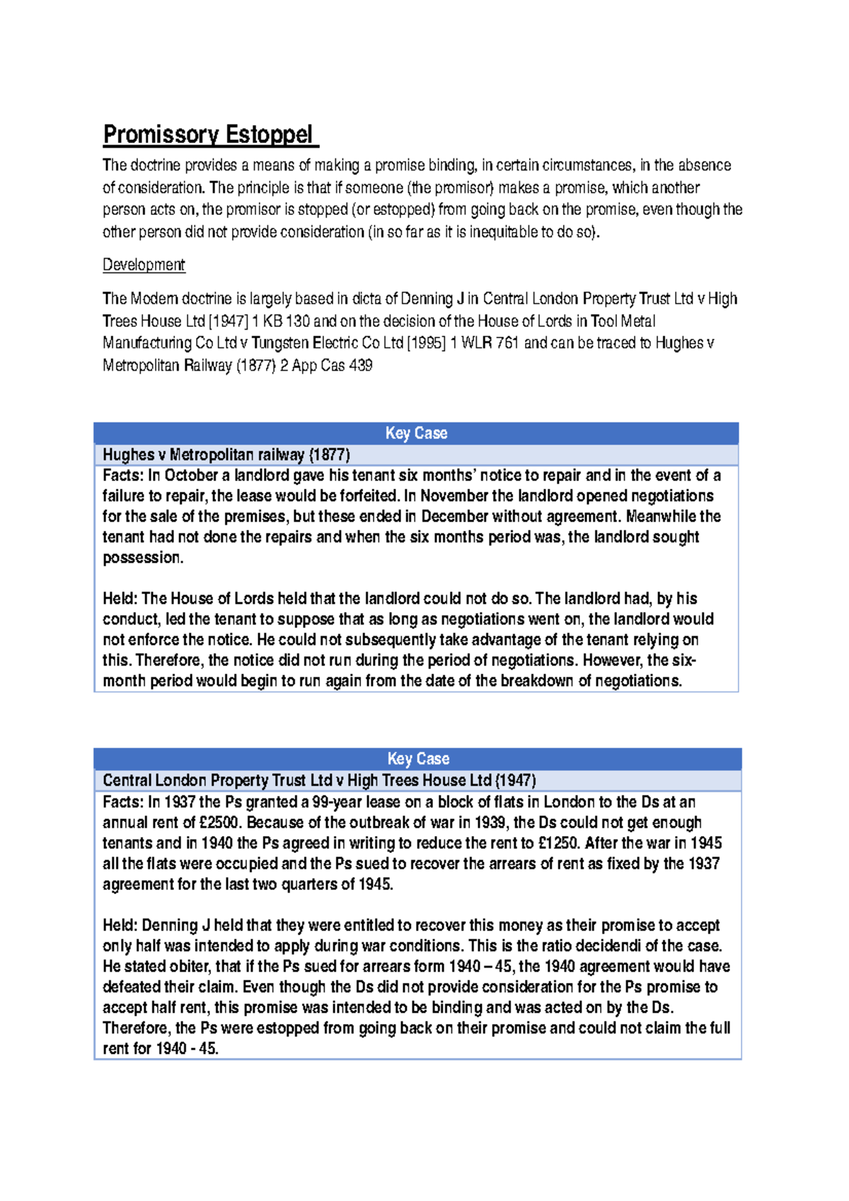 Promissory Estoppel - Lecture Notes 2: Key Cases & Legal Principles ...