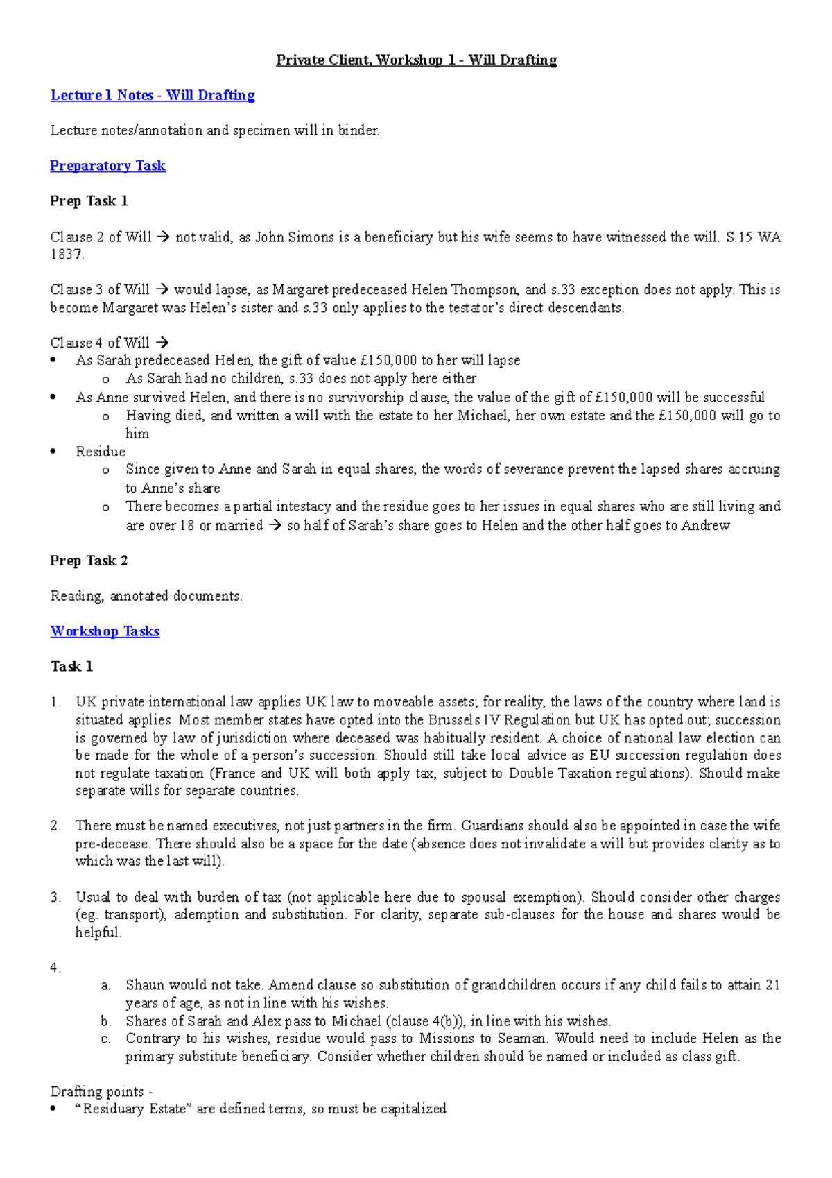 Will Drafting Lecture Notes - Private Client Workshop 1 - Studocu