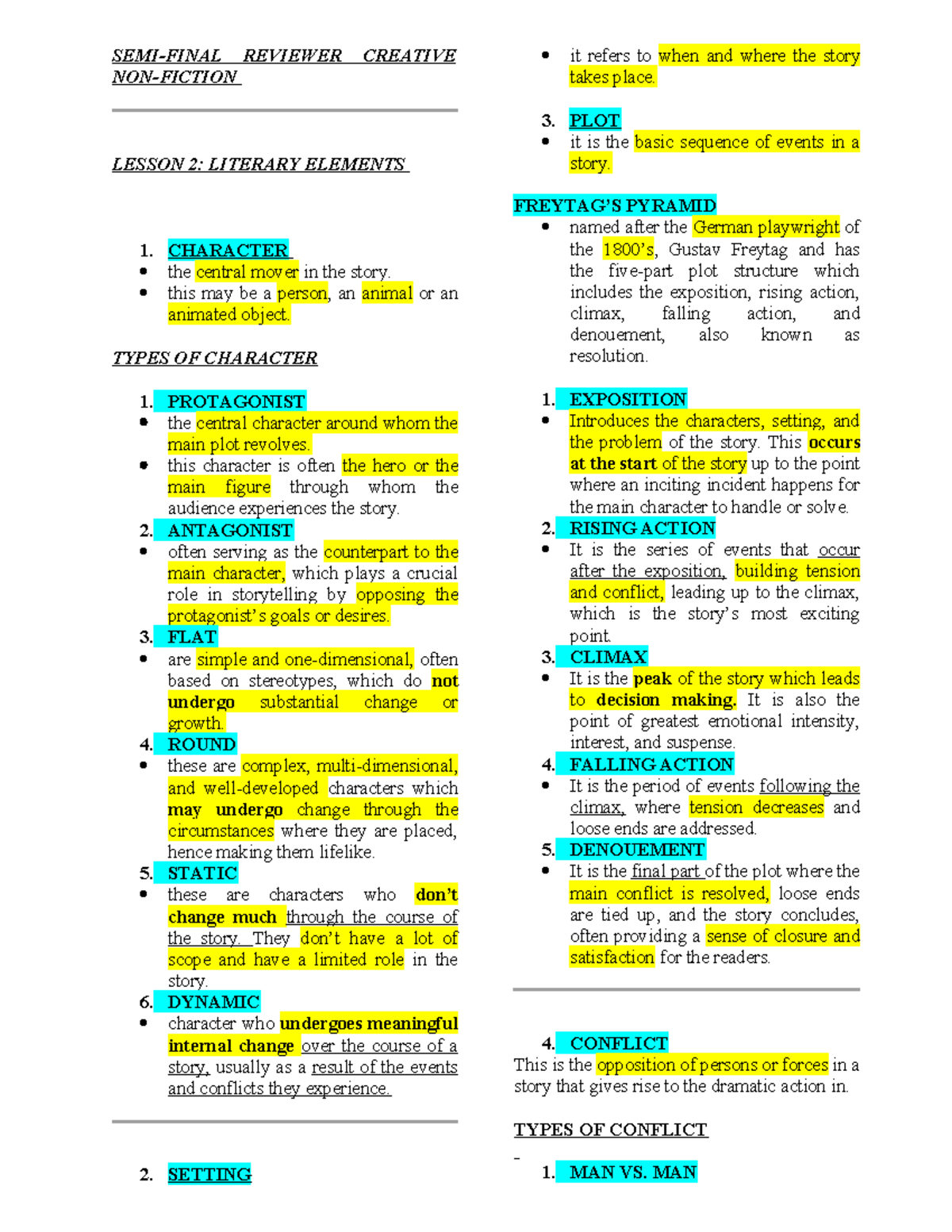SEMI Final - CNF - Lesson 2: Literary Elements & Character Types - Studocu