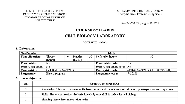 Course Syllabus: Cell Biology Laboratory (603061) - August 2023 - Studocu