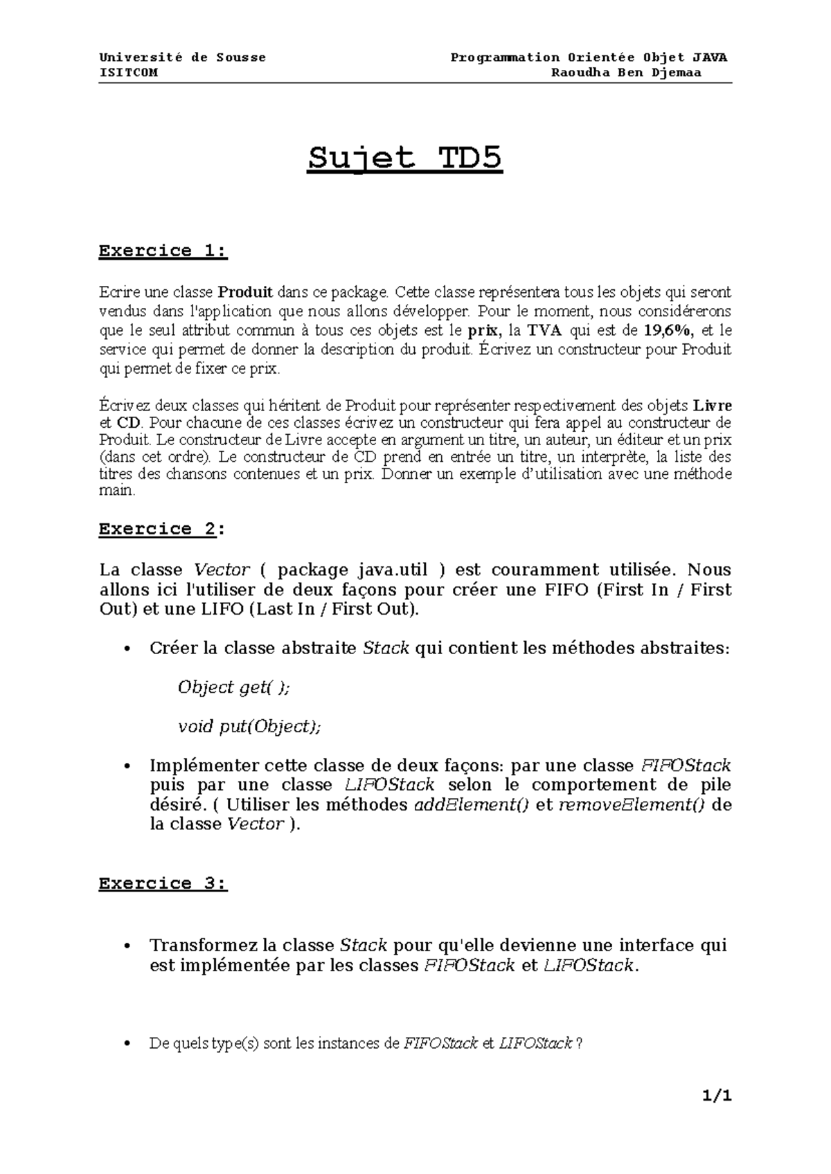 TD5 - Programmation Orientée Objet JAVA: Exercice sur les Classes et ...