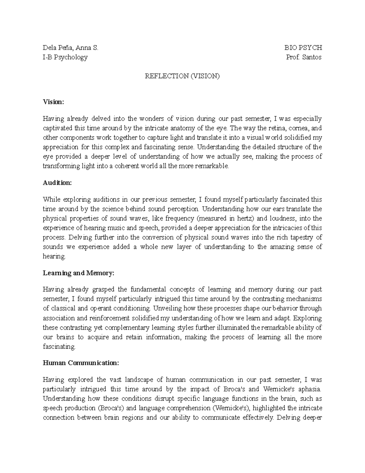 I-B Psychology Reflection: Exploring Vision, Sound, Learning ...