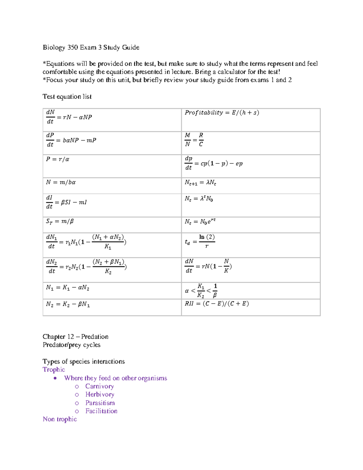 Exam 3 Study Guide - Biology 350 Exam 3 Study Guide *Equations will be ...