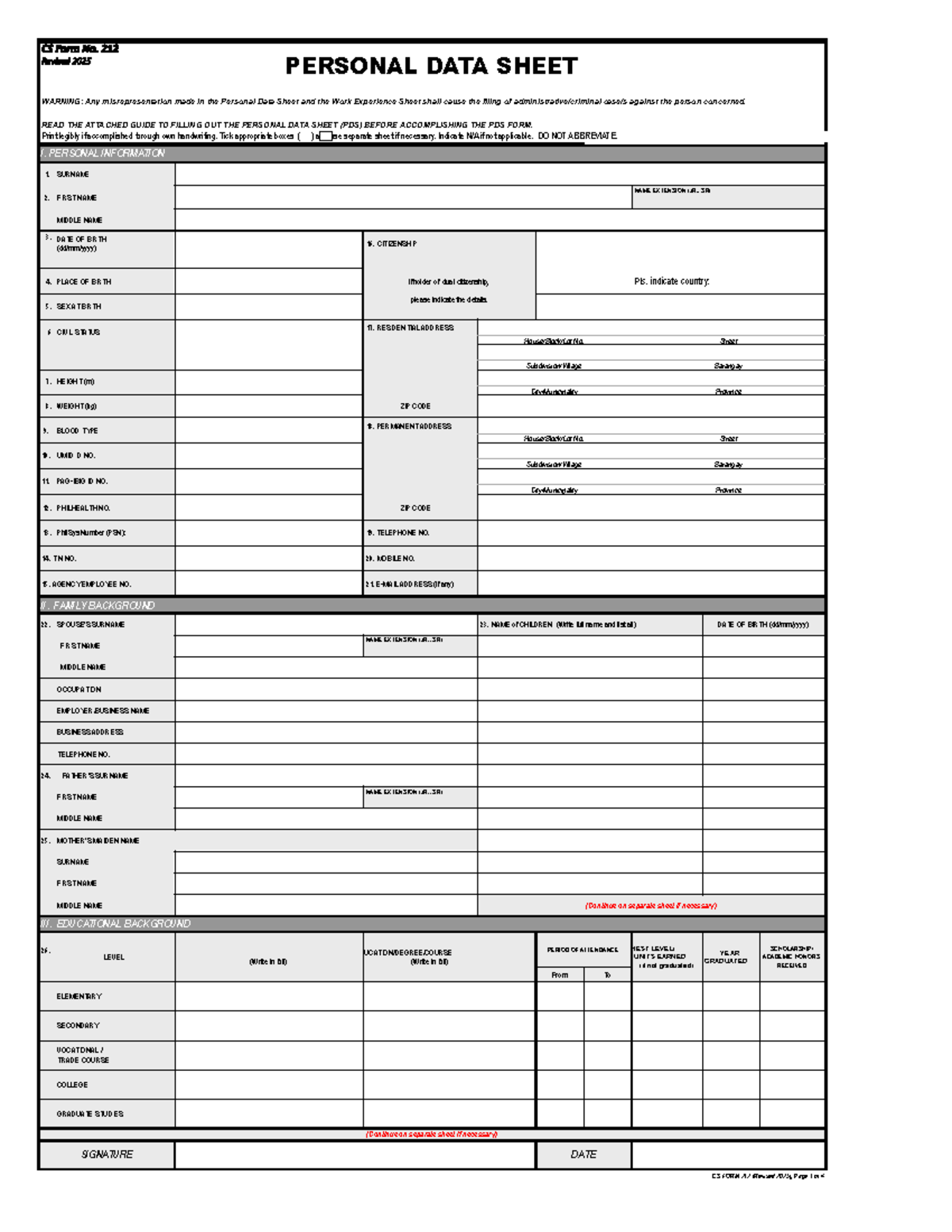 CS Form 212 Rev. 2025 - Personal Data Sheet Instructions - Studocu