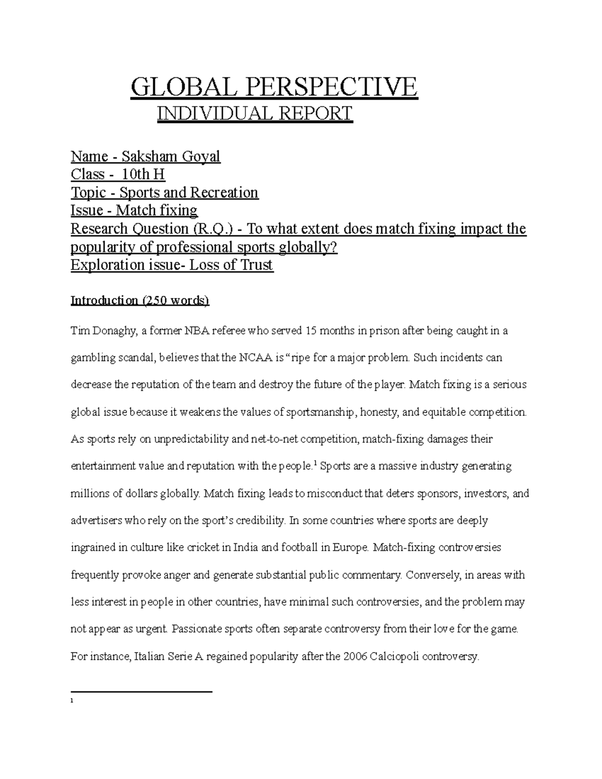10th H Global Perspective Individual Report: Impact of Match Fixing on ...