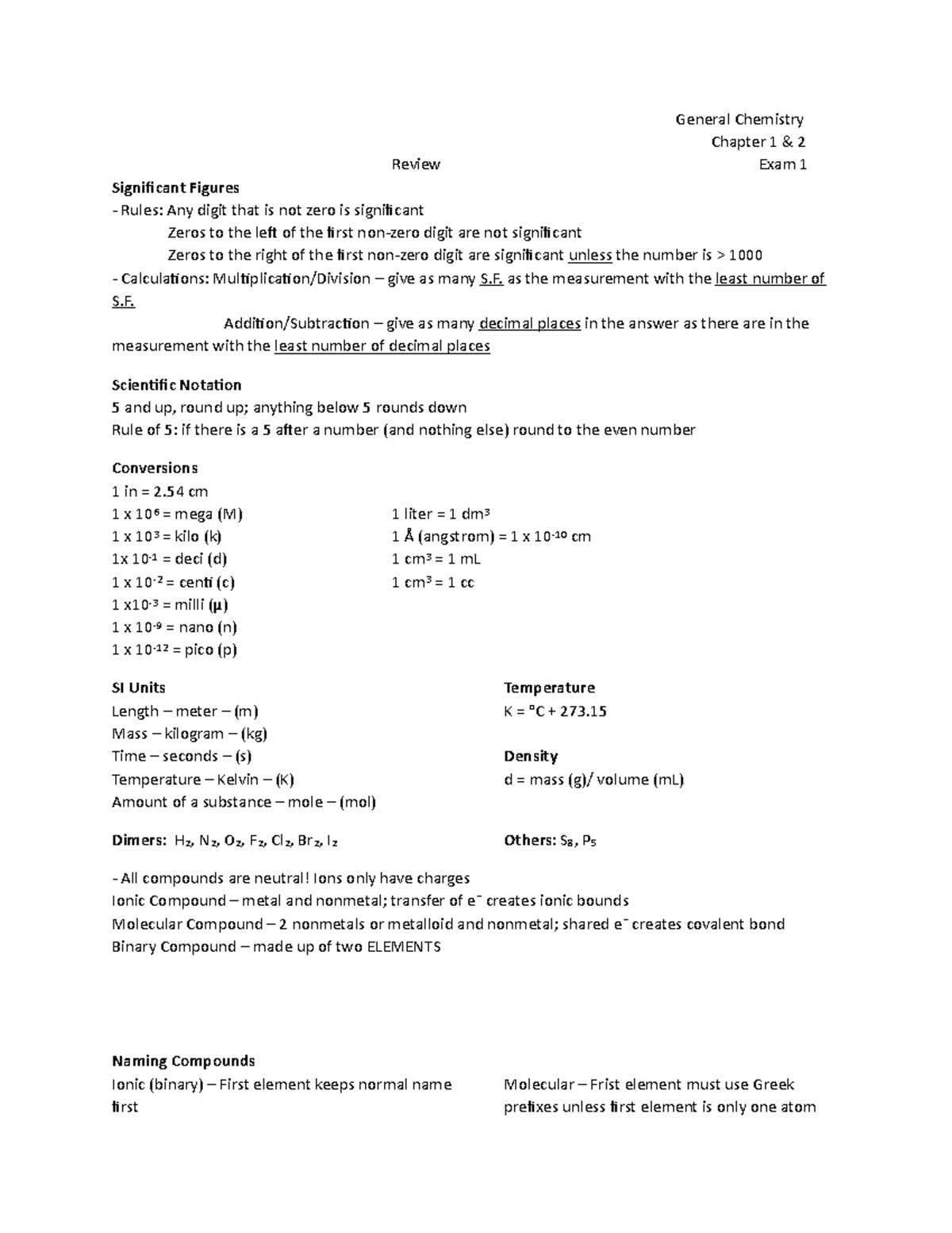 General Chemistry (CHEM101) Exam 1 Review: Chapters 1 & 2 - Studocu