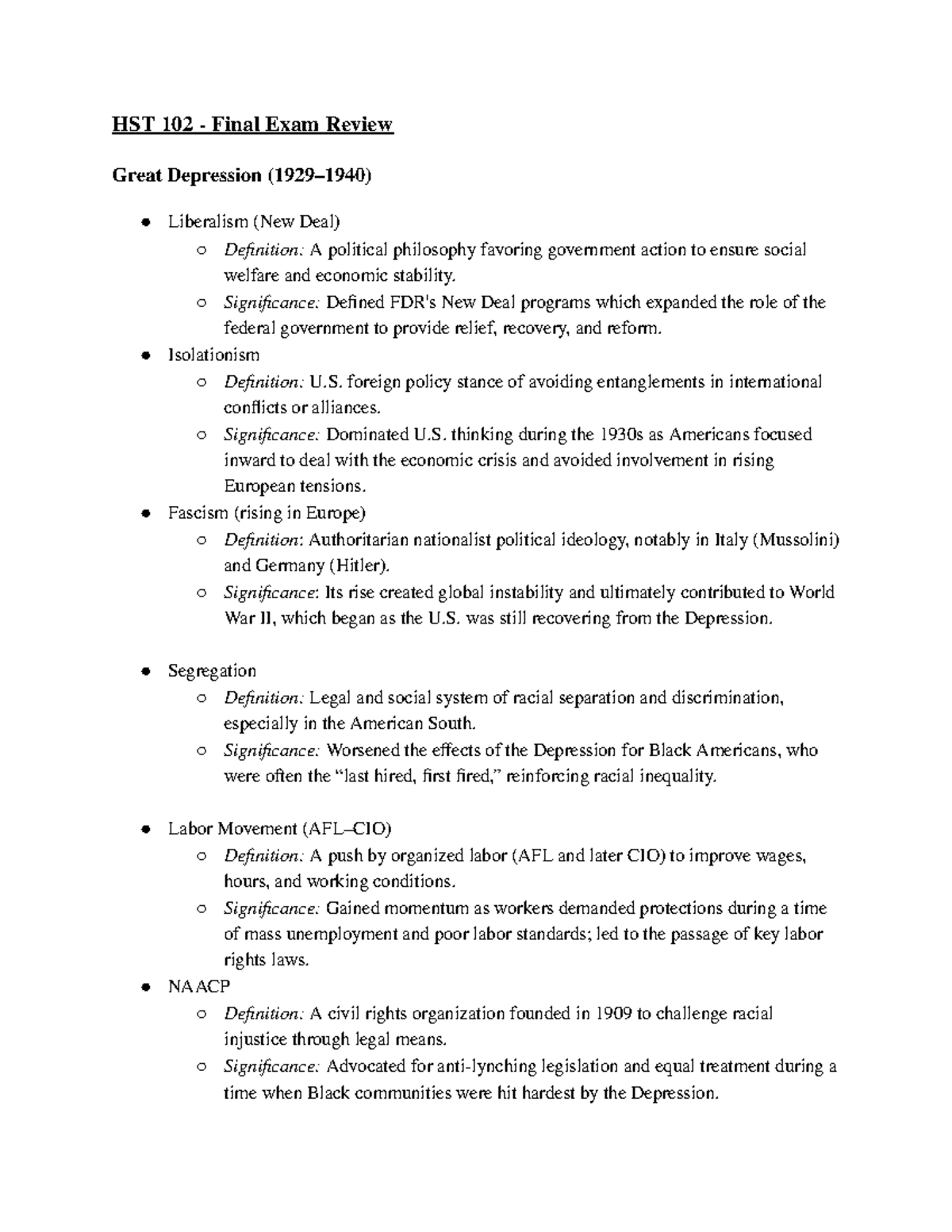 HST 102 Final Exam Review: Key Historical Events and Their Significance ...