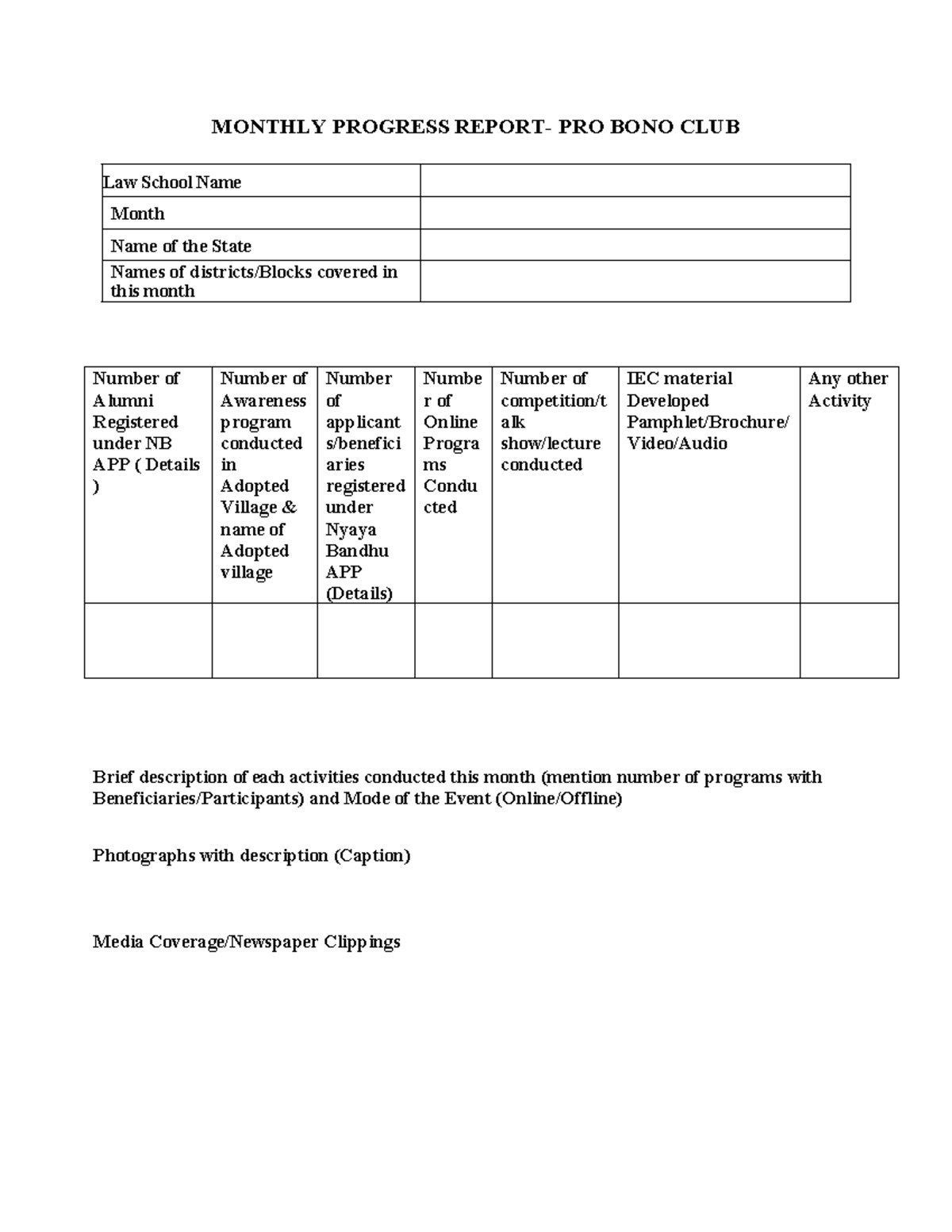 Format for Monthly report - MONTHLY PROGRESS REPORT- PRO BONO CLUB Law ...