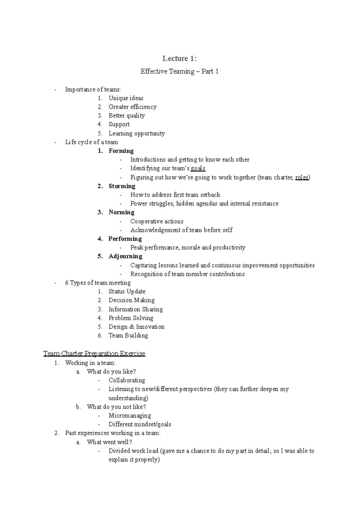 Lecture 1: Effective Teaming - Importance & Dynamics of Teams - Studocu