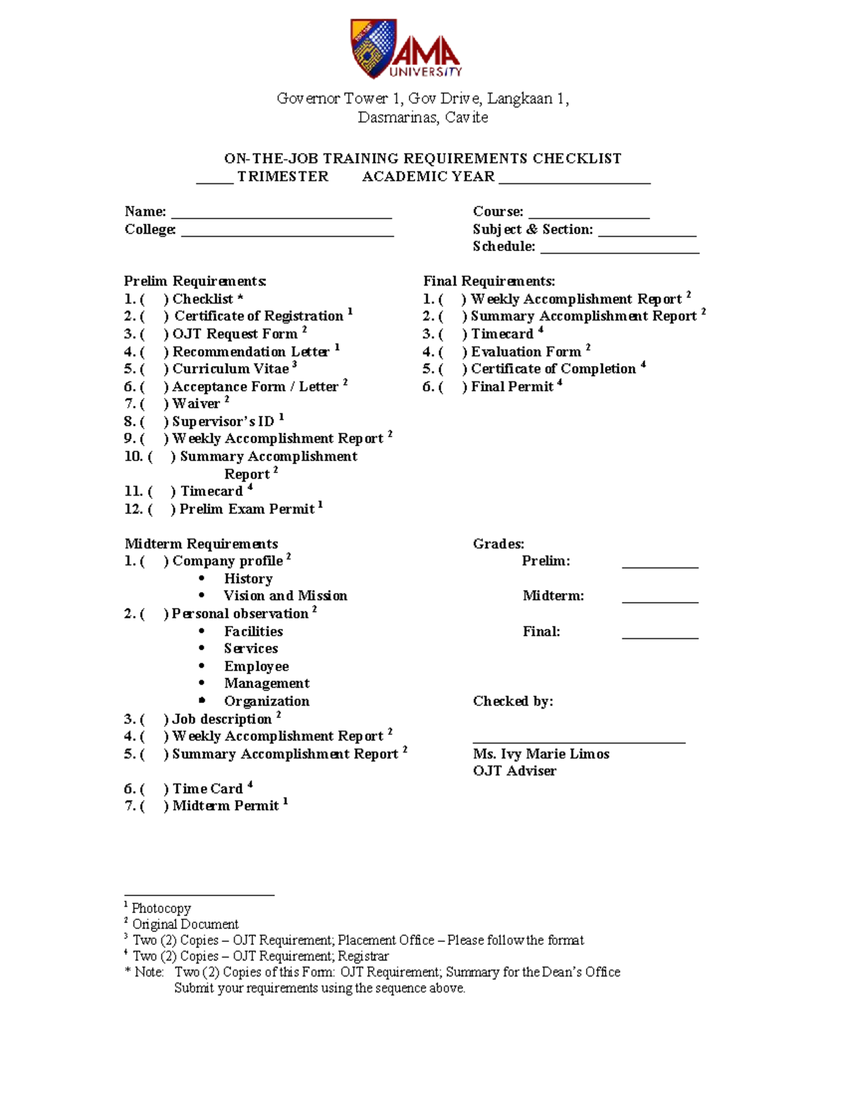 OJT Requirement Checklist - Trimester Academic Year 001 - Studocu