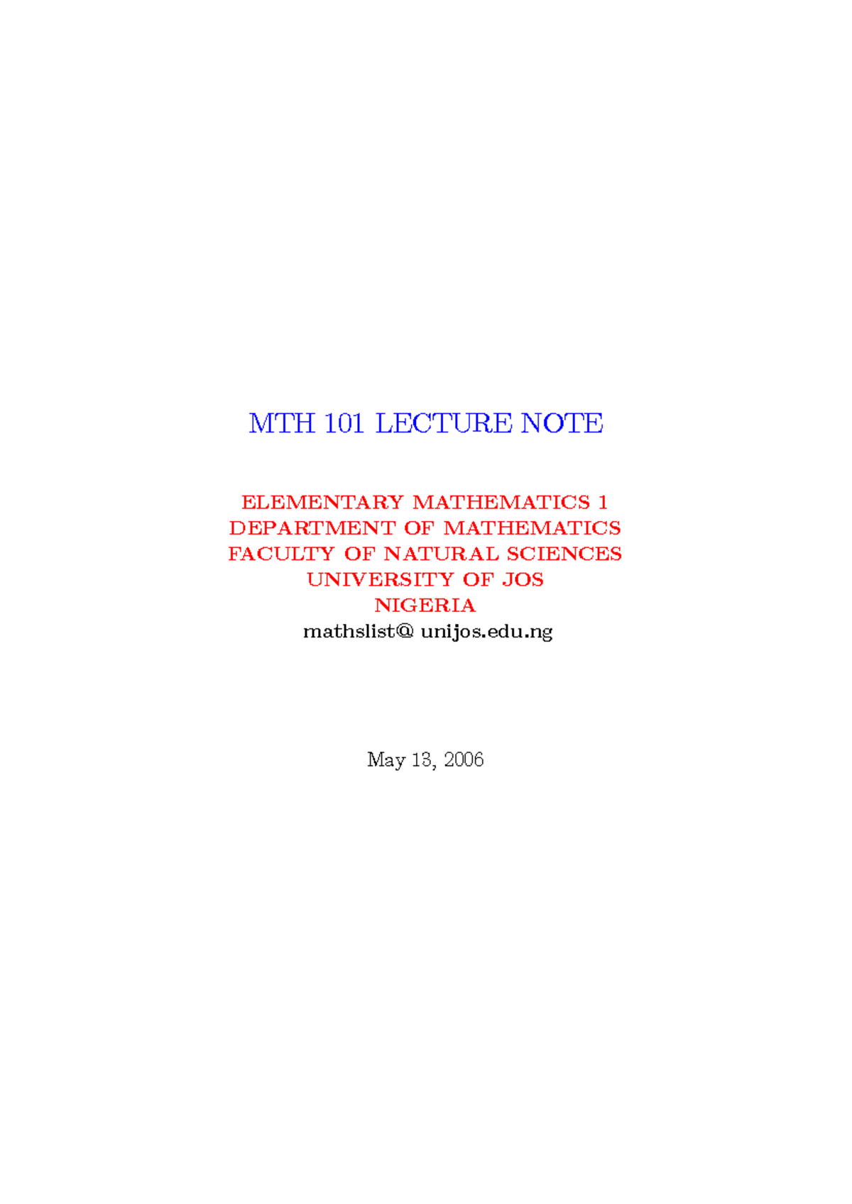 MTH101 - Elementary Mathematics - MTH 101 LECTURE NOTE ELEMENTARY ...