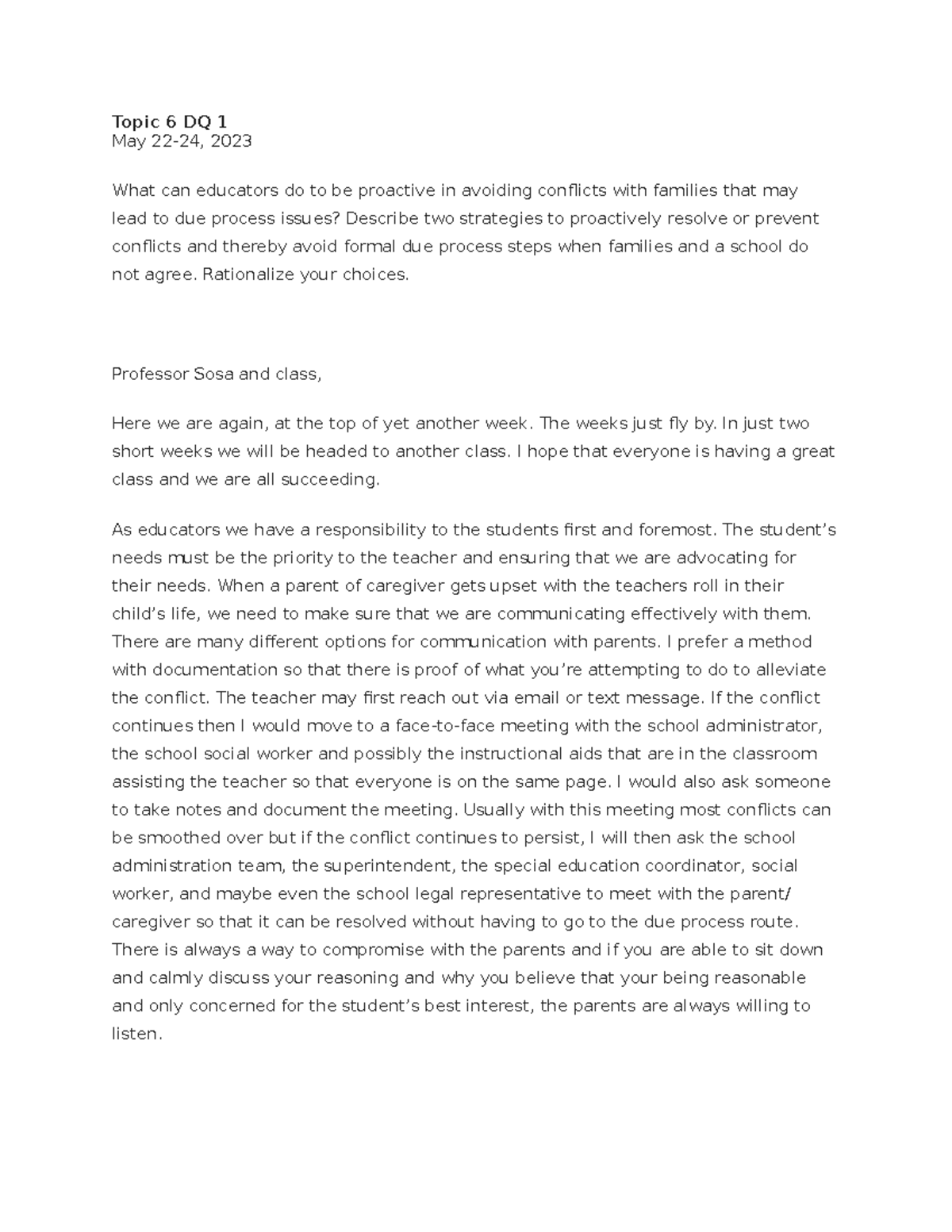 SPD 300 0500 Topic 6 Discussion Questions on Educator Strategies and ...