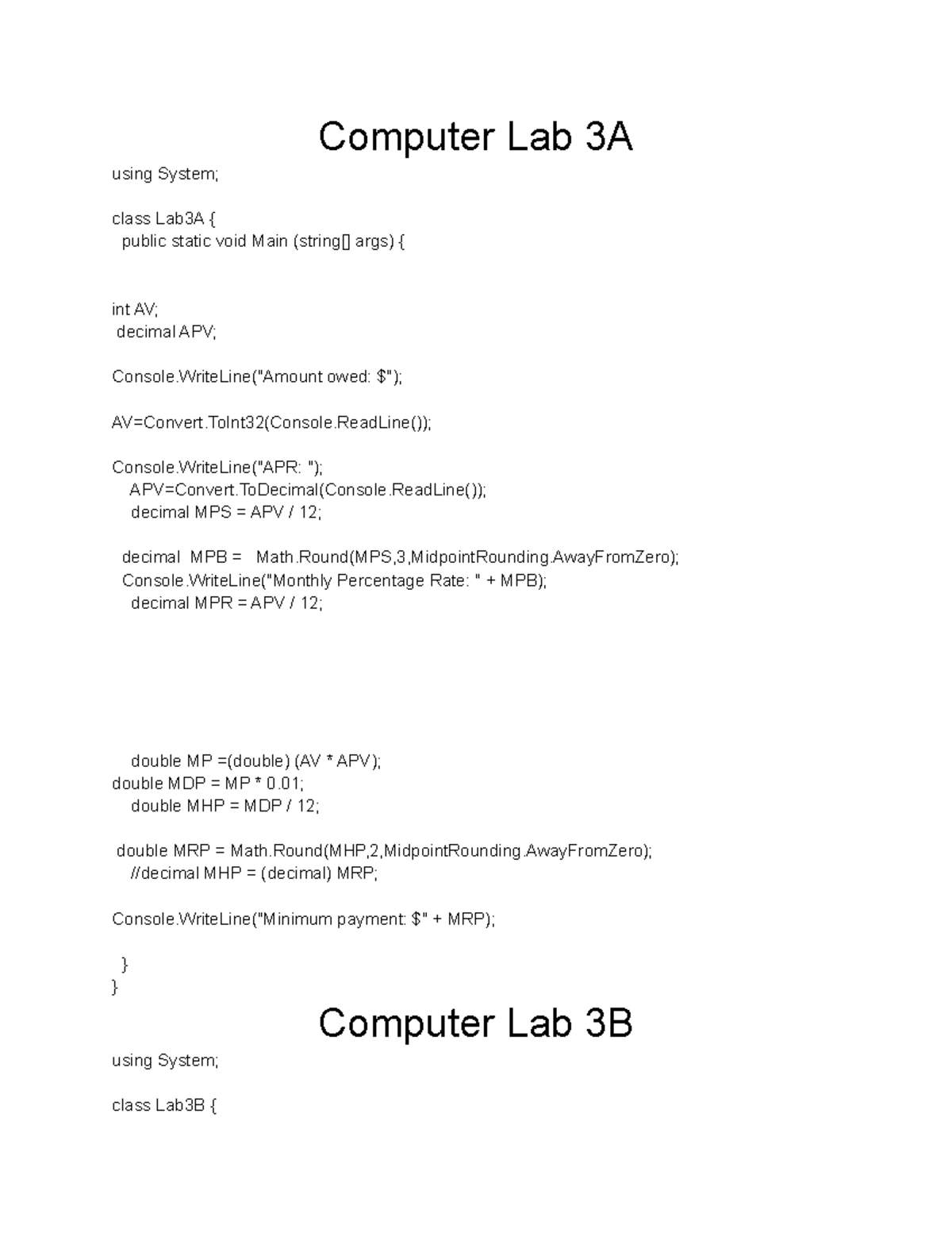 Computer Lab Exercises 3A and 3B - Coding Concepts in C# - Studocu