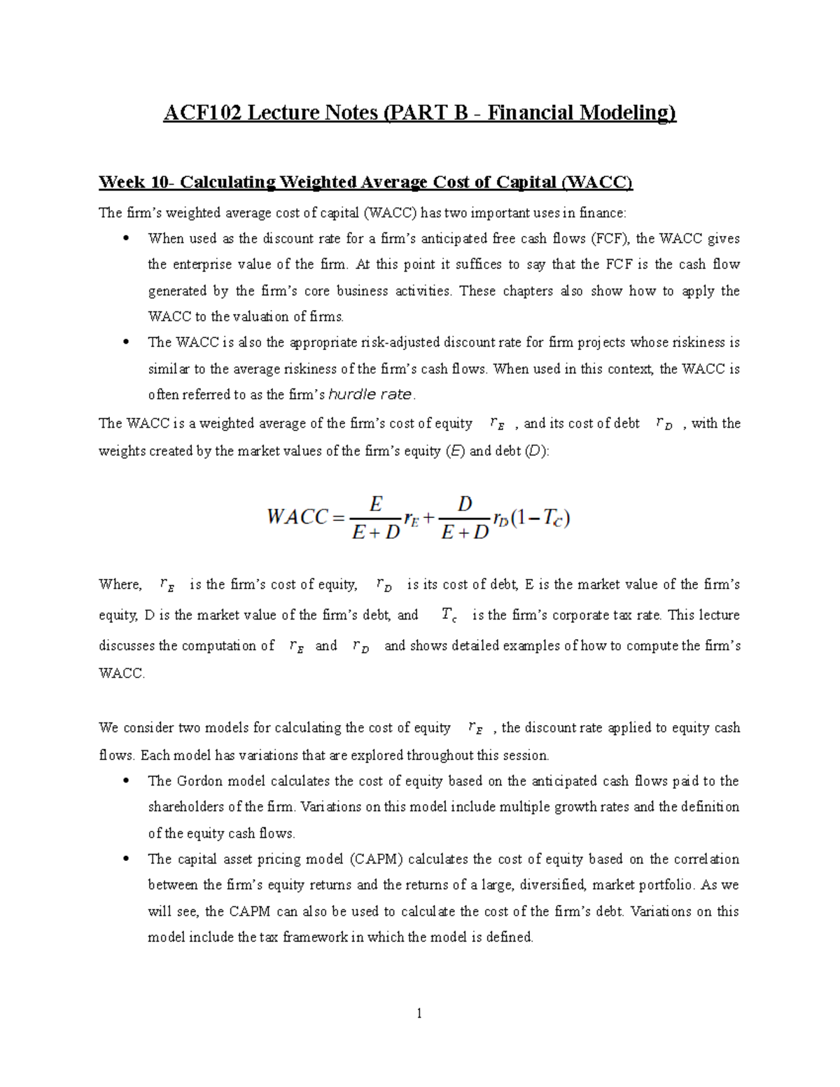 ACF204 Lecture Notes on Financial Modeling: Week 10 WACC Calculation ...