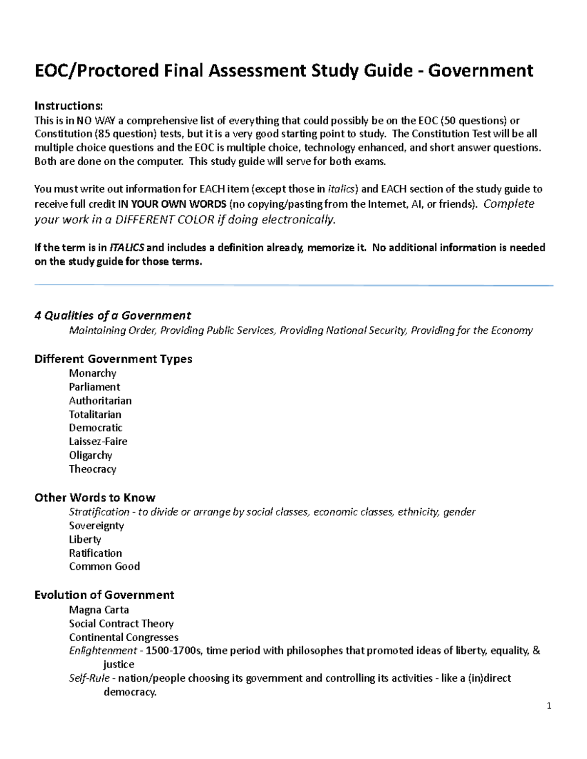 Final Assessment Study Guide: EOC & Constitution Tests (GOV) - Studocu