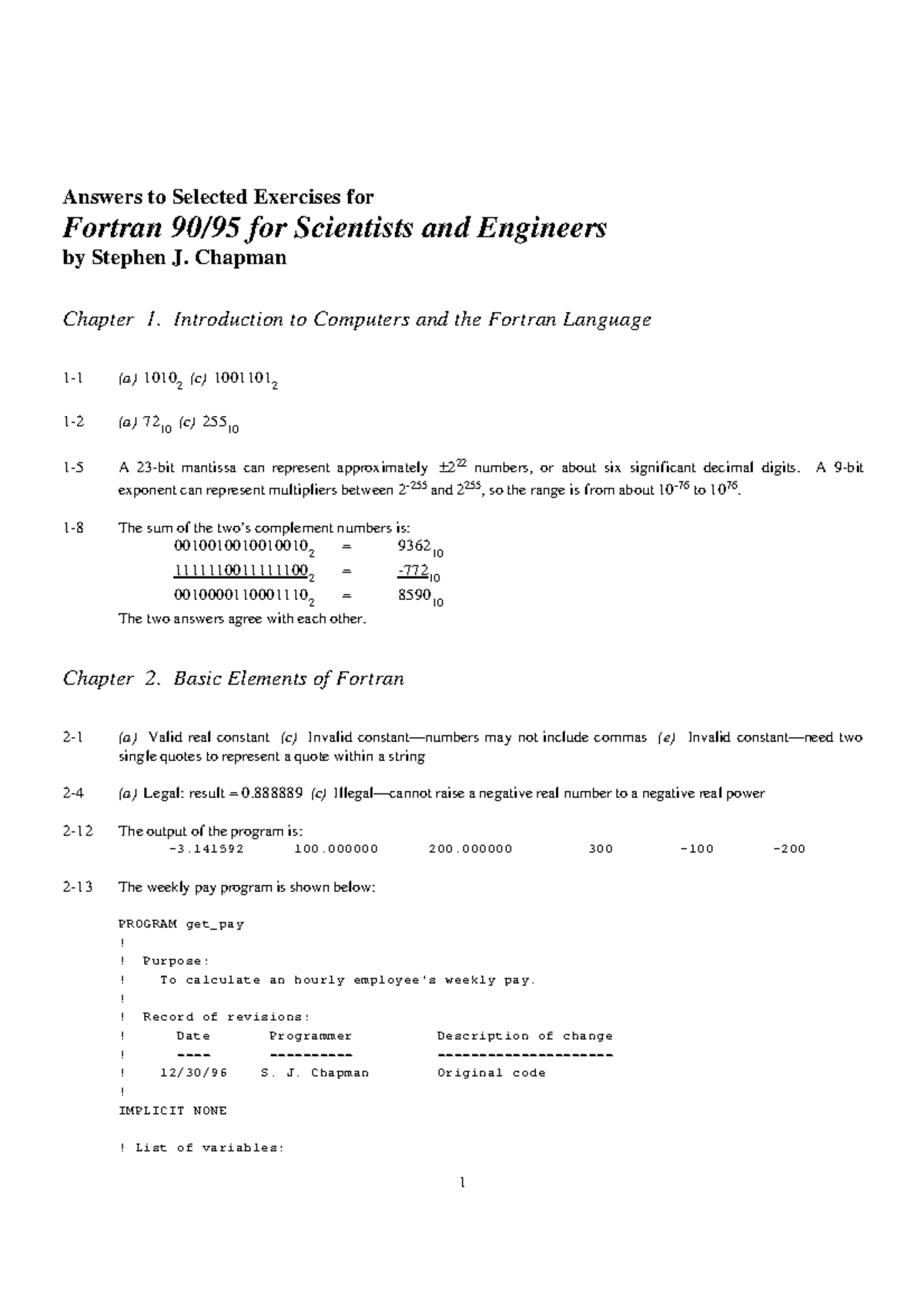 Fortran 90/95 Solutions for Selected Exercises - Chap 1 to 5 - Studocu