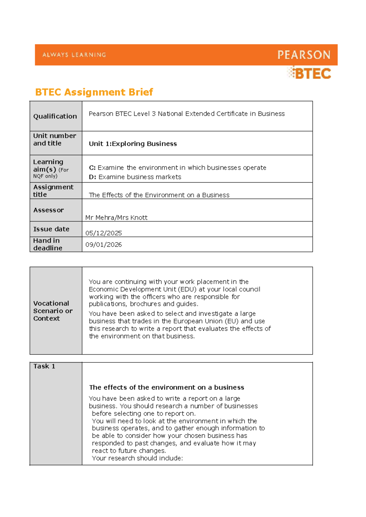 BTEC Level 3 Unit 1 Assignment Brief: Exploring Business Environment ...