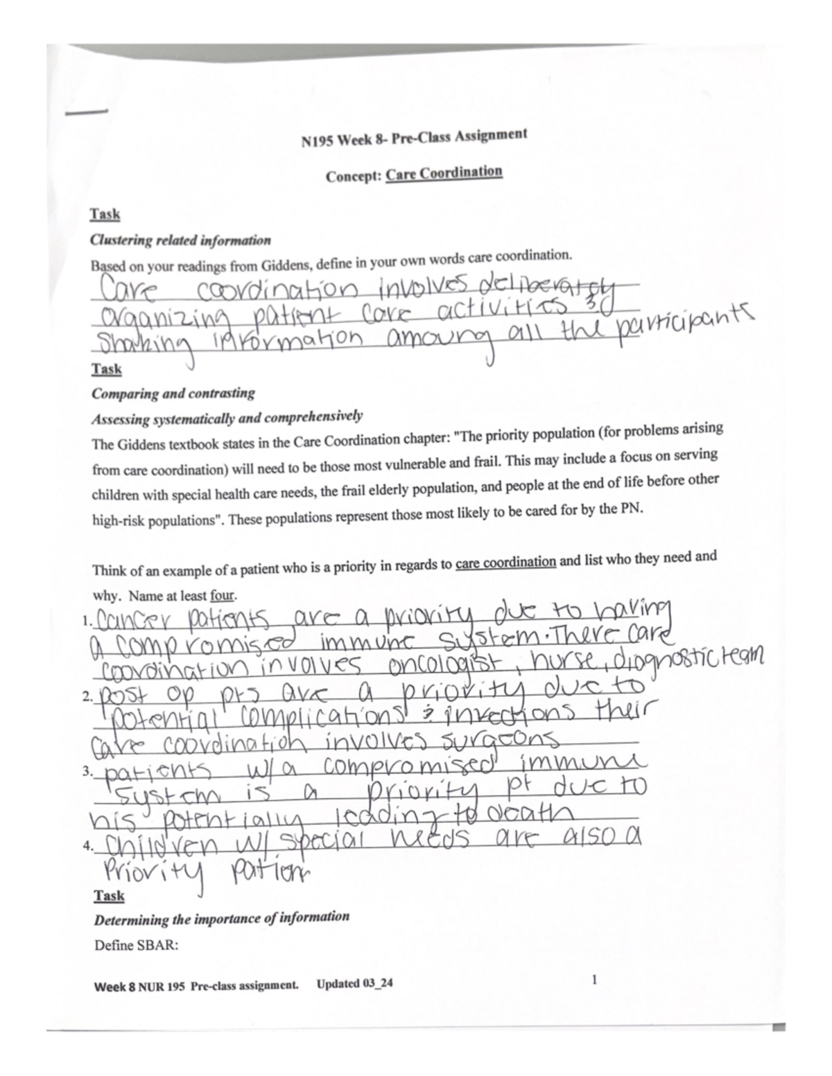 N195 Week 8 - Care Coordination Pre-Class Assignment Insights - Studocu