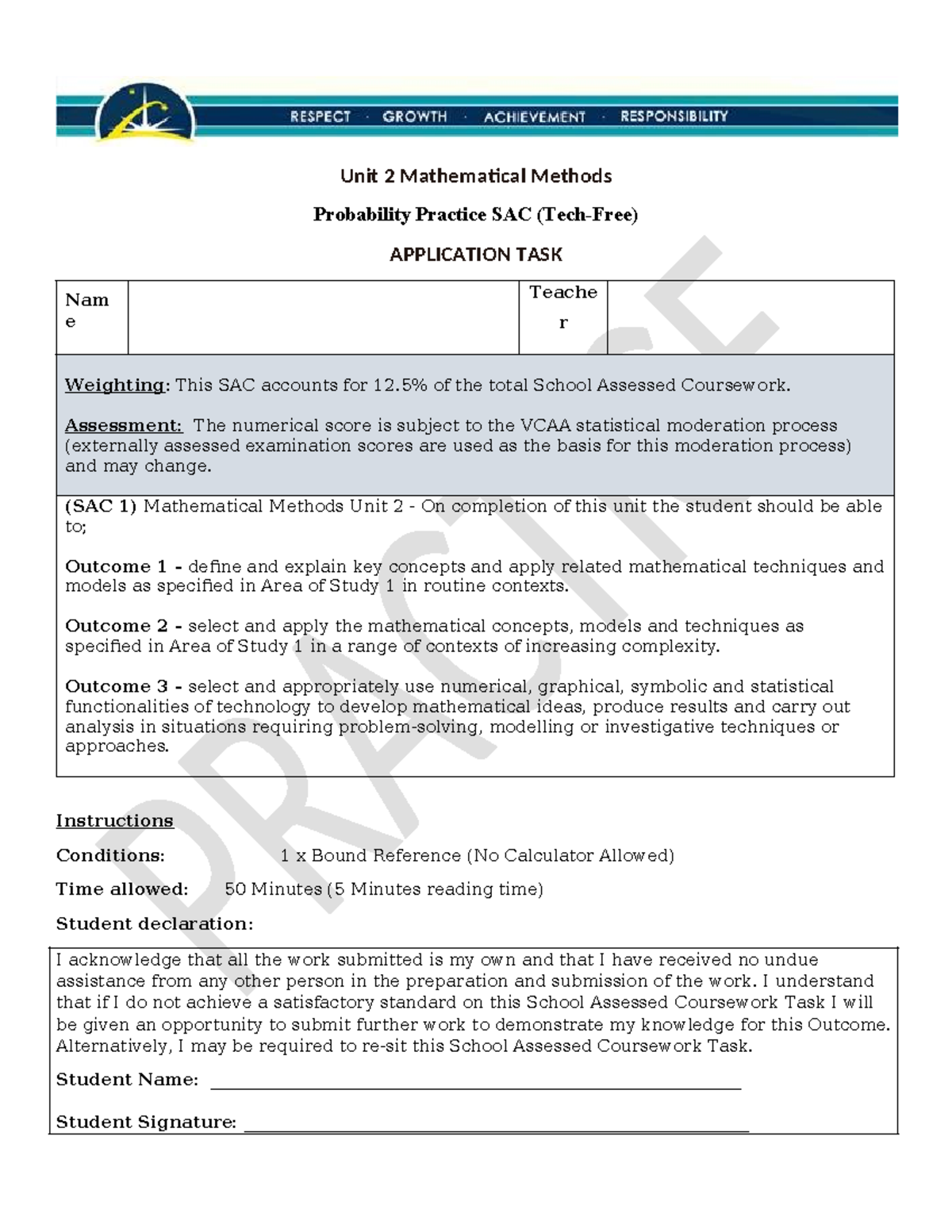 2025 Unit 2 Mathematical Methods - Probability Practice SAC - Studocu
