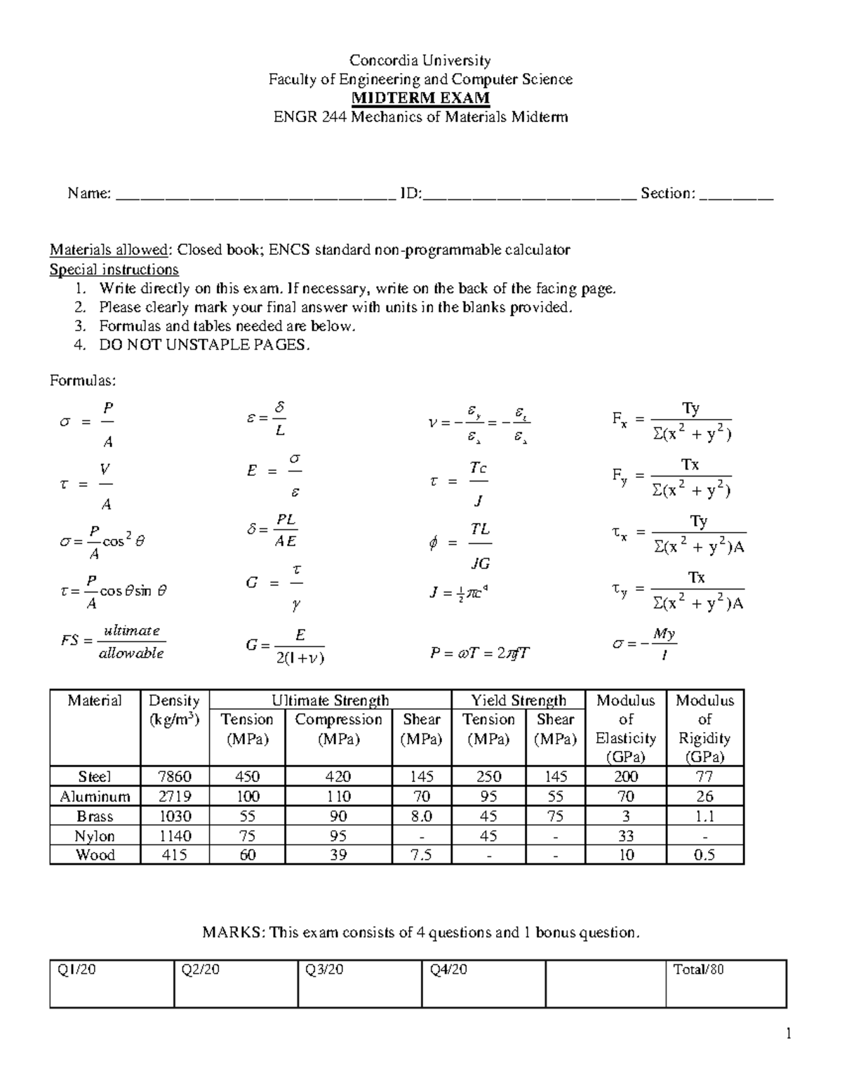 ENGR 244 - Mechanics of Materials Midterm Exam Guide - Studocu