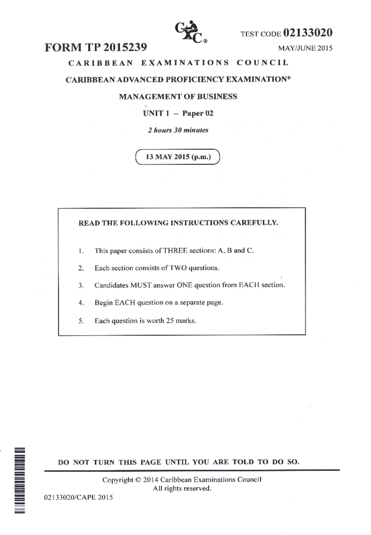 CAPE Management of Business 2015 Unit 1 Paper 2 Notes - Studocu