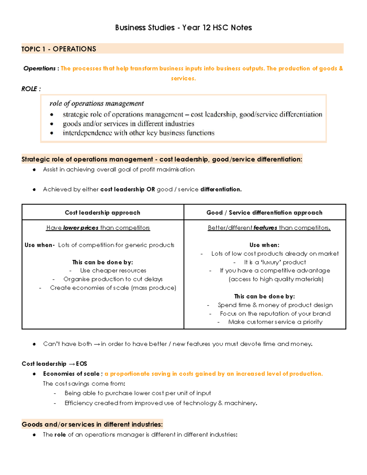 Business Studies Year 12 HSC Notes: Topic 1 - Operations Management ...