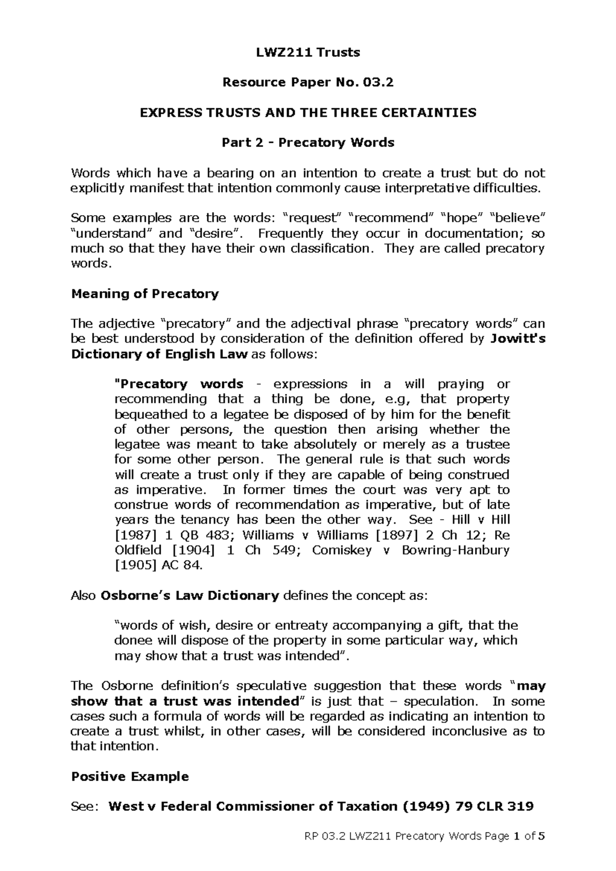 LWZ211_Express_Trusts_and_Precatory_Words_Resource_Paper_No_03 - Studocu