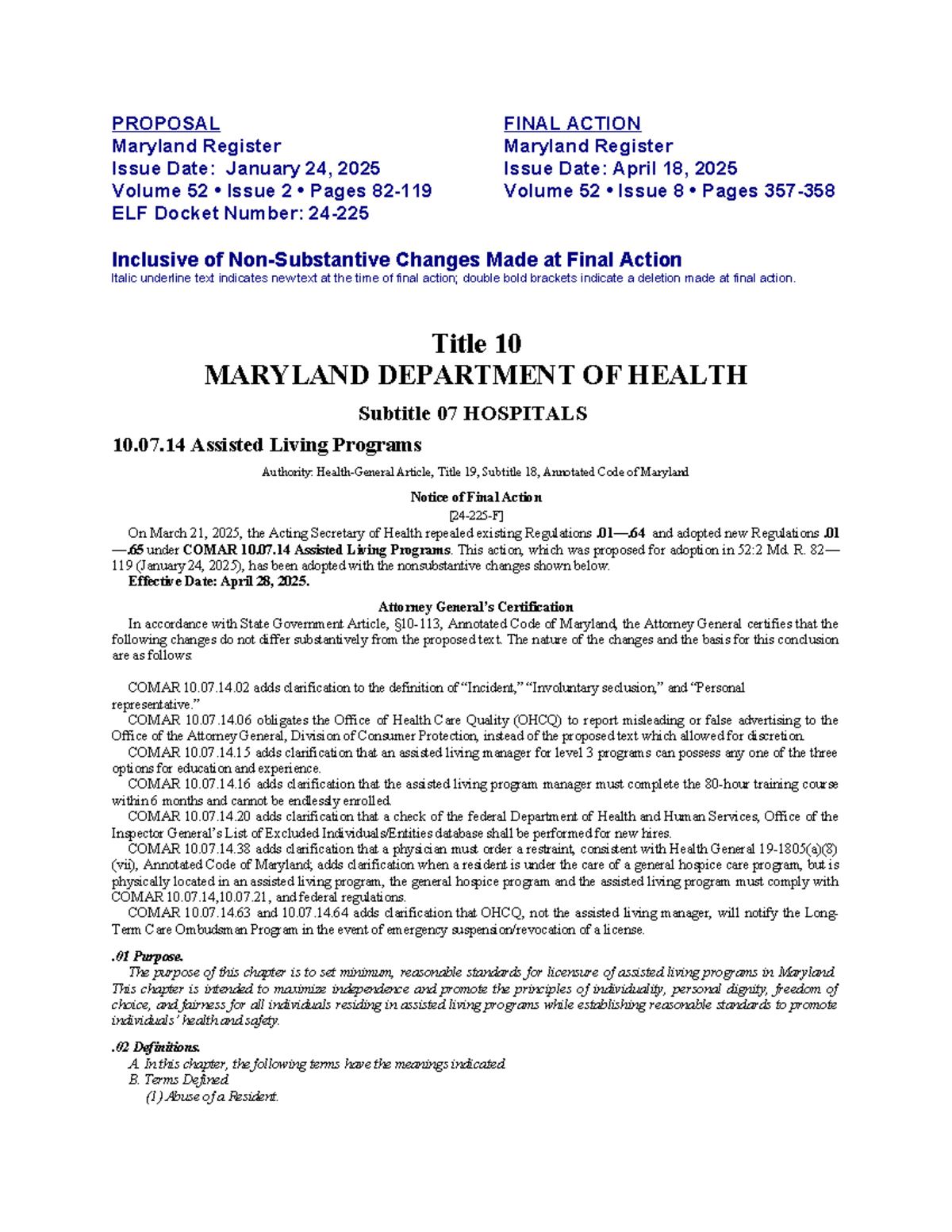 Proposal for COMAR 10.07.14 Assisted Living Programs Regulations Update ...