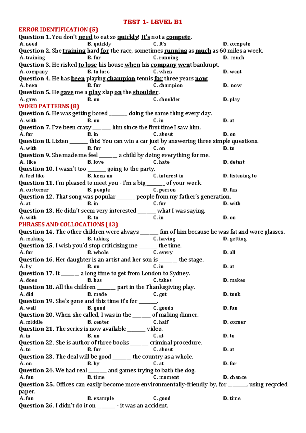 Level B1 - Comprehensive Test Questions and Answers - Studocu