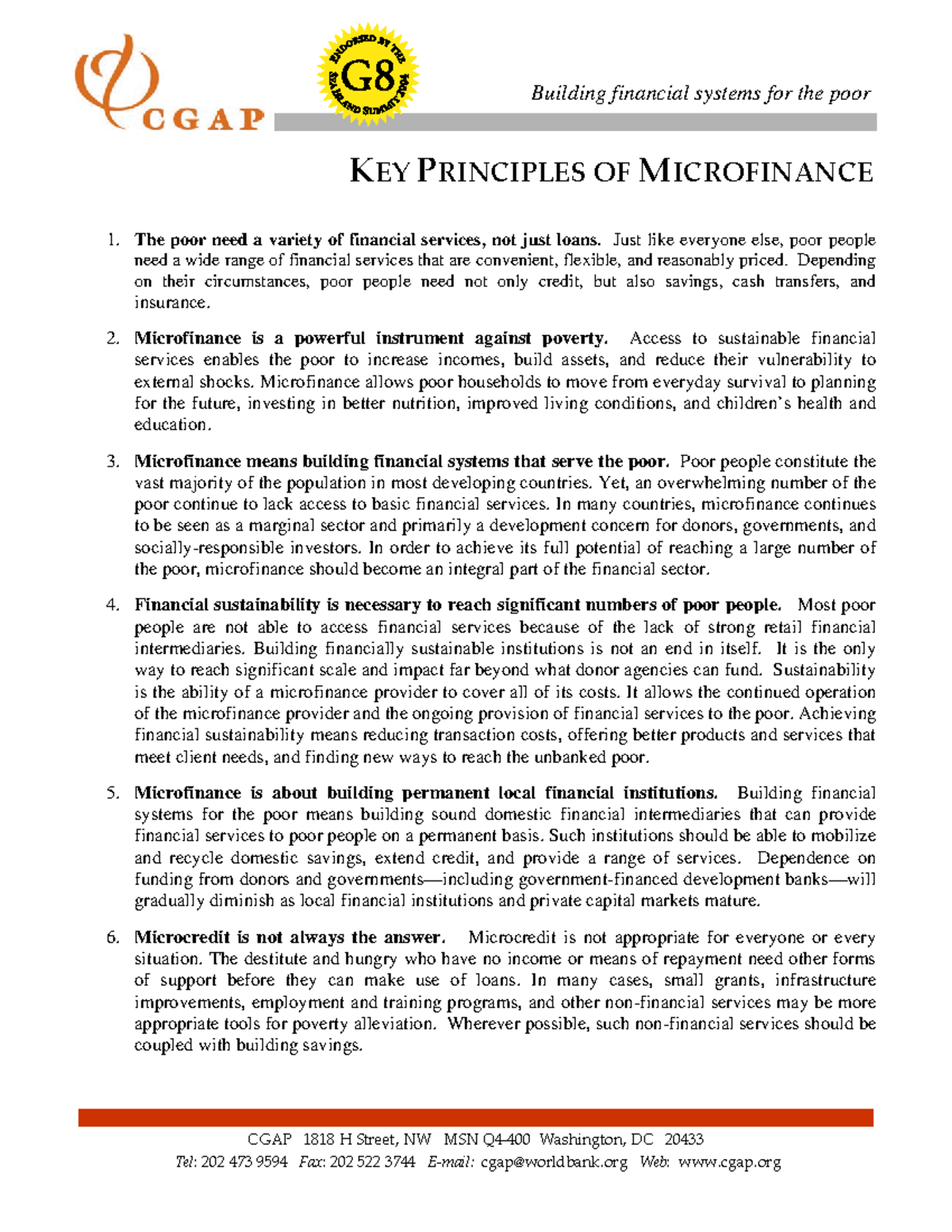 CGAP Consensus Guidelines Key Principles of Microfinance Jan 2004 ...