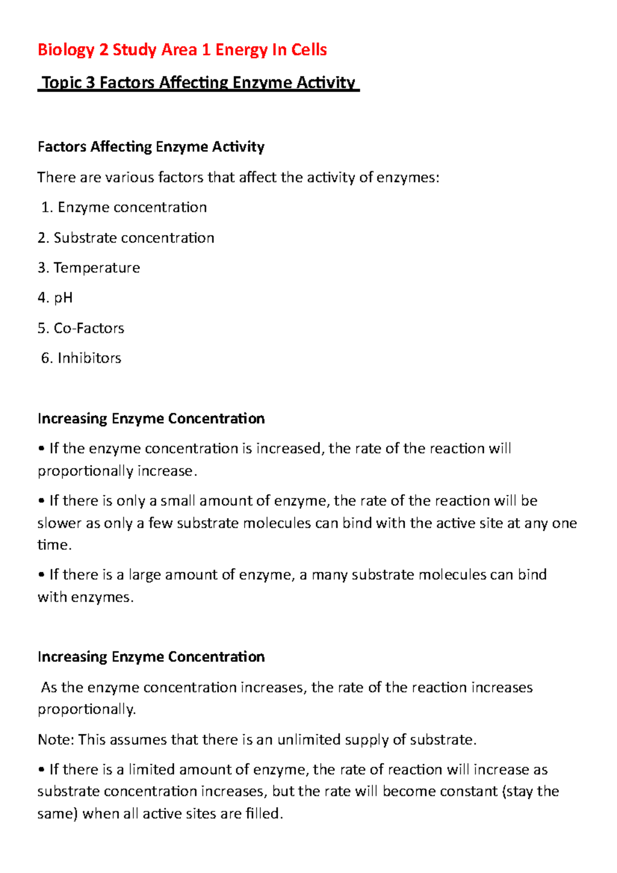 Factors Affecting Enzyme Activity - Biology 2 Study Area 1 Energy In ...