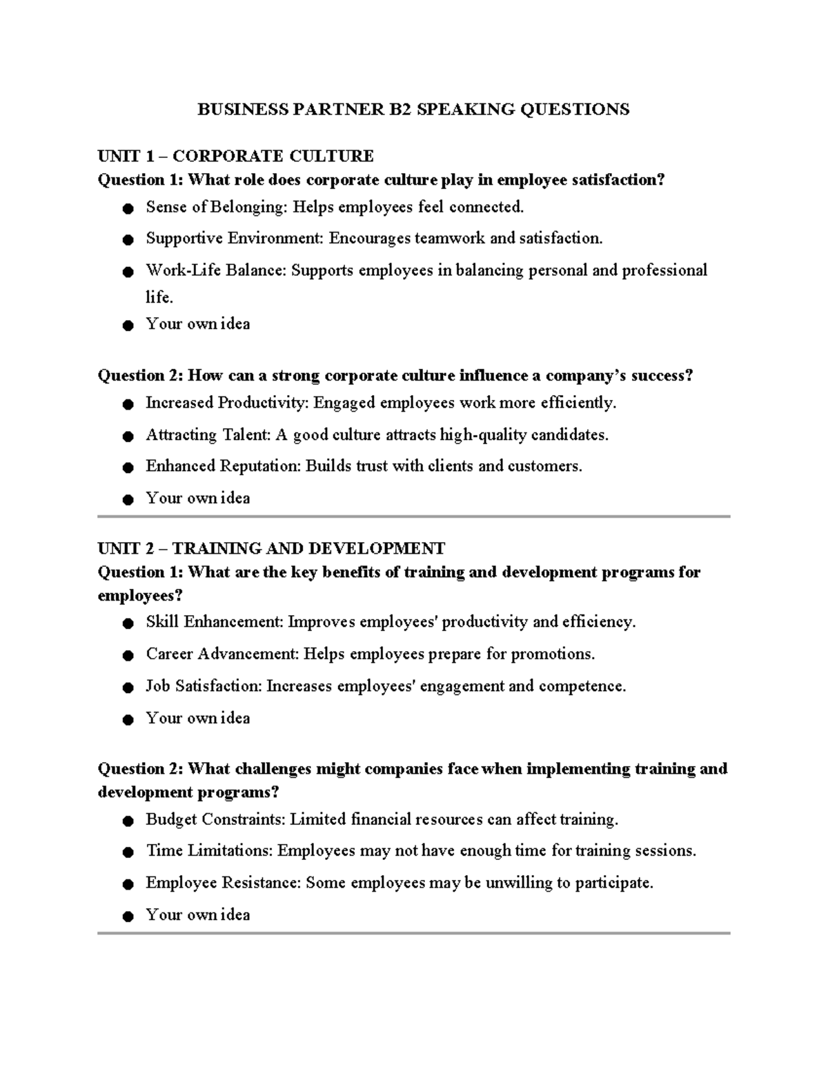Speaking B2xcccc - BUSINESS PARTNER B2 SPEAKING QUESTIONS UNIT 1 ...