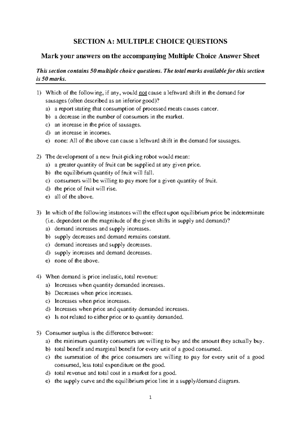 ECON1101 Practice Final Exam: Multiple Choice Questions Review - Studocu