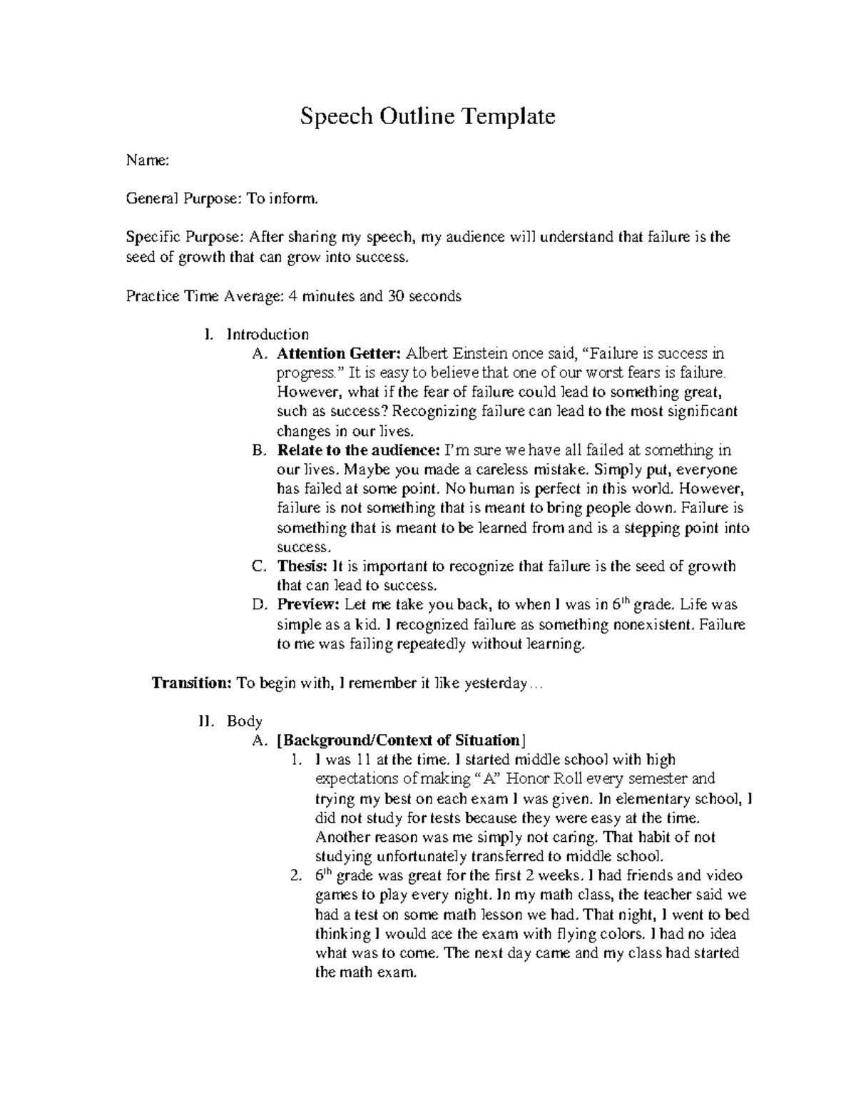 Failure Speech Outline Discussion Assignment-1: Embracing Growth ...