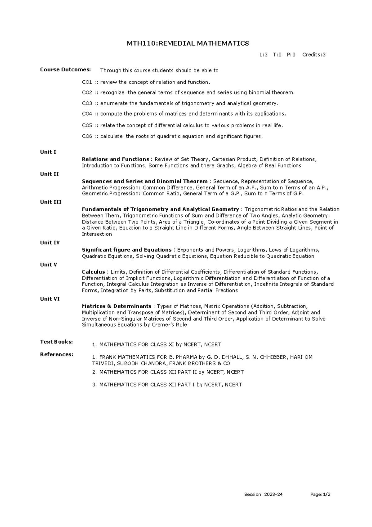 MTH110: Remedial Mathematics Course Syllabus 2023-24 - Studocu