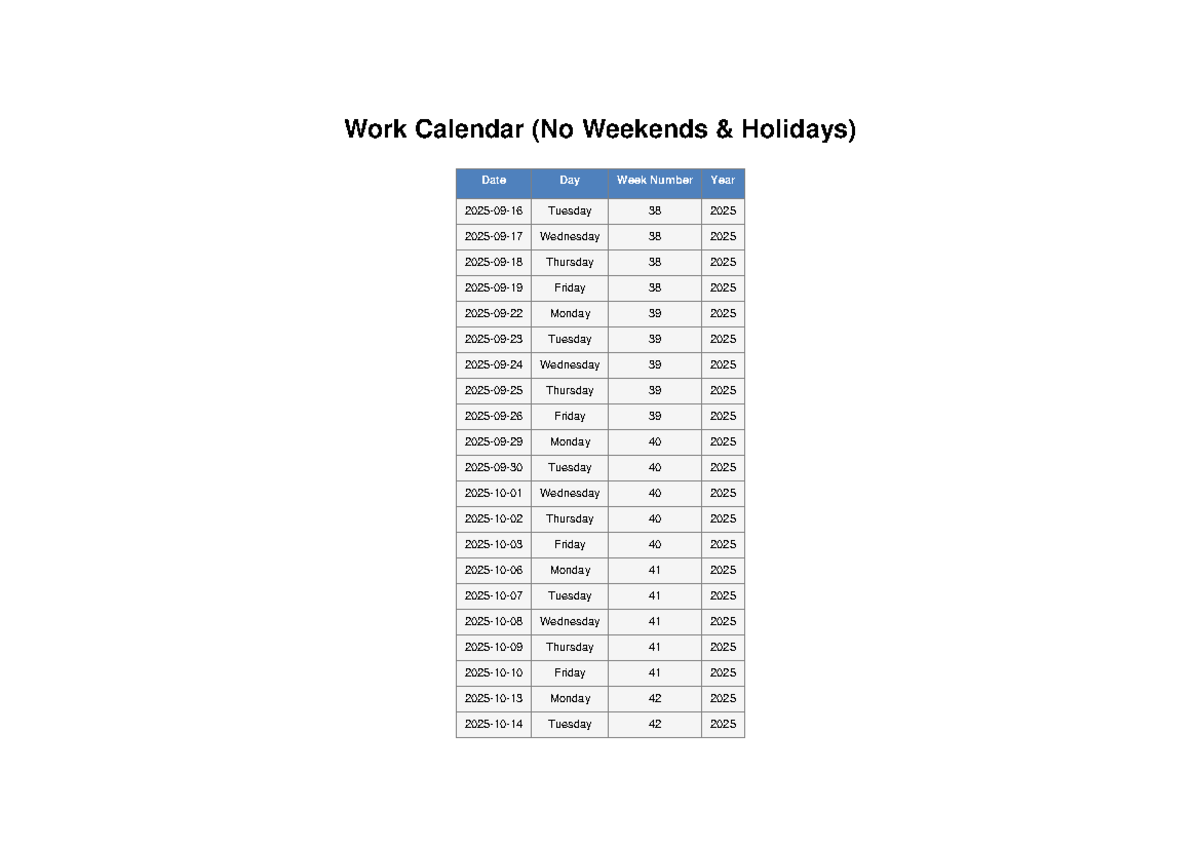 Work Calendar 2025-2026 (No Weekends & Holidays) - Studocu
