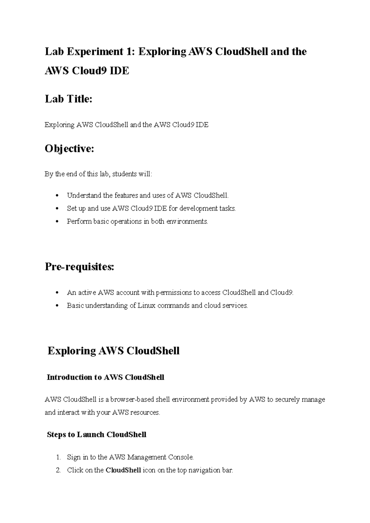 Lab Manual (BCS601): AWS CloudShell, Cloud9, S3, DynamoDB, and API ...