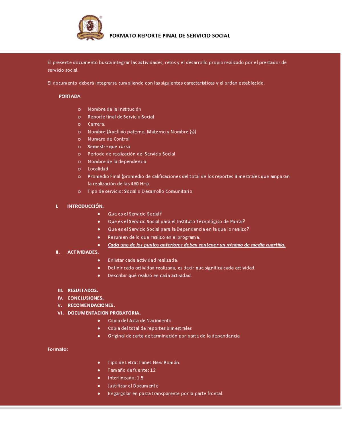 Formato Reporte Final de Servicio Social - IT Parral - Studocu