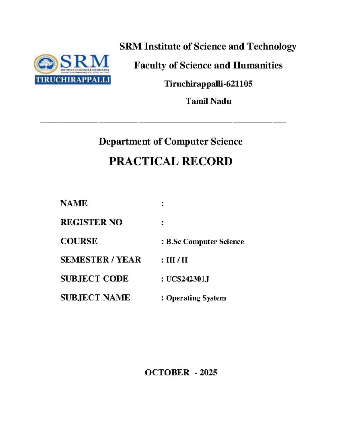 B.Sc Computer Science UCS24301J OS Lab Manual - Practical Record - Studocu