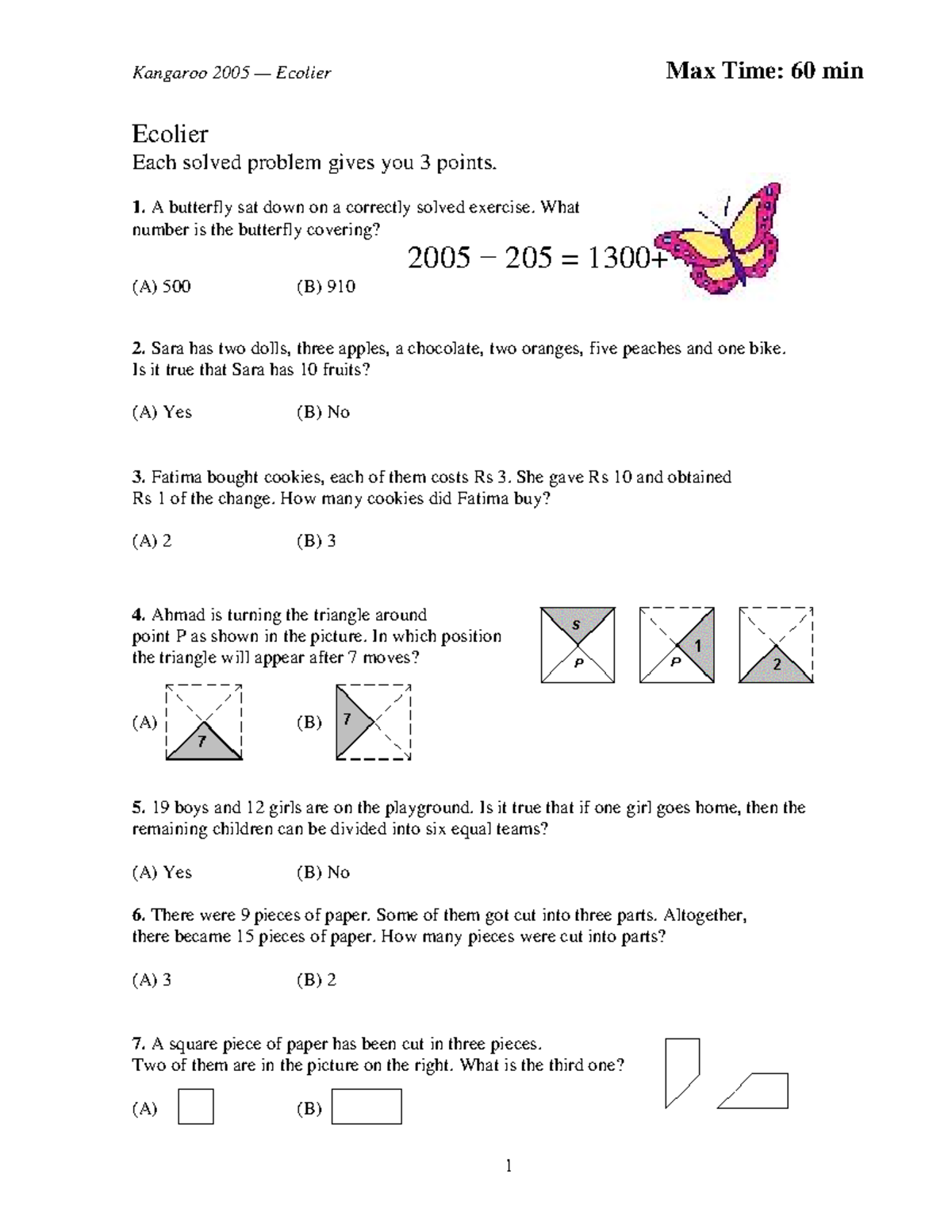 Kangaroo Math Contest 2005: Grade 4 Problem Set 1 - Studocu
