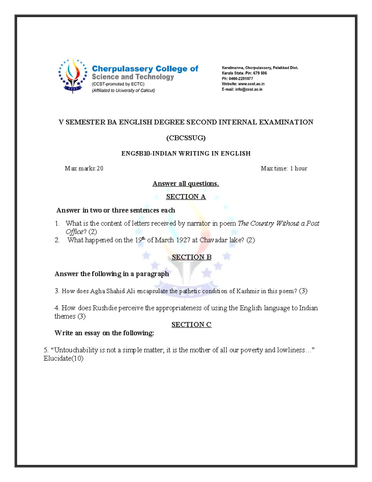 Indian Writing IN English Second Internal Examination - V SEMESTER BA ...