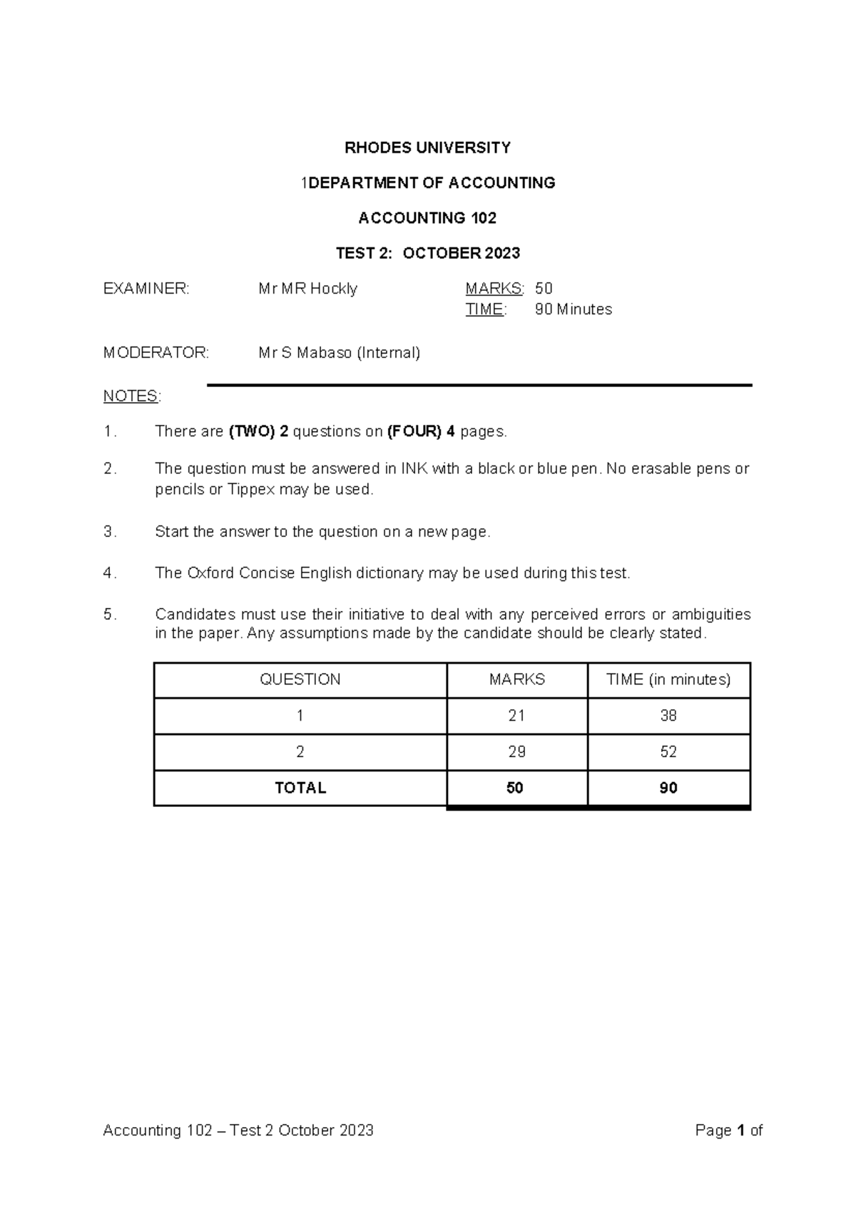 Accounting 102 Test 2 Questions - October 2023 - Studocu