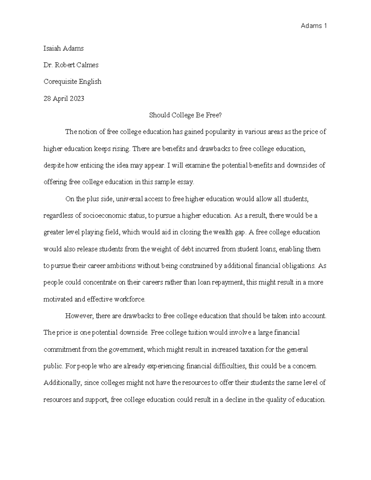 Illustrative Essay - Adams 1 Isaiah Adams Dr. Robert Calmes Corequisite ...