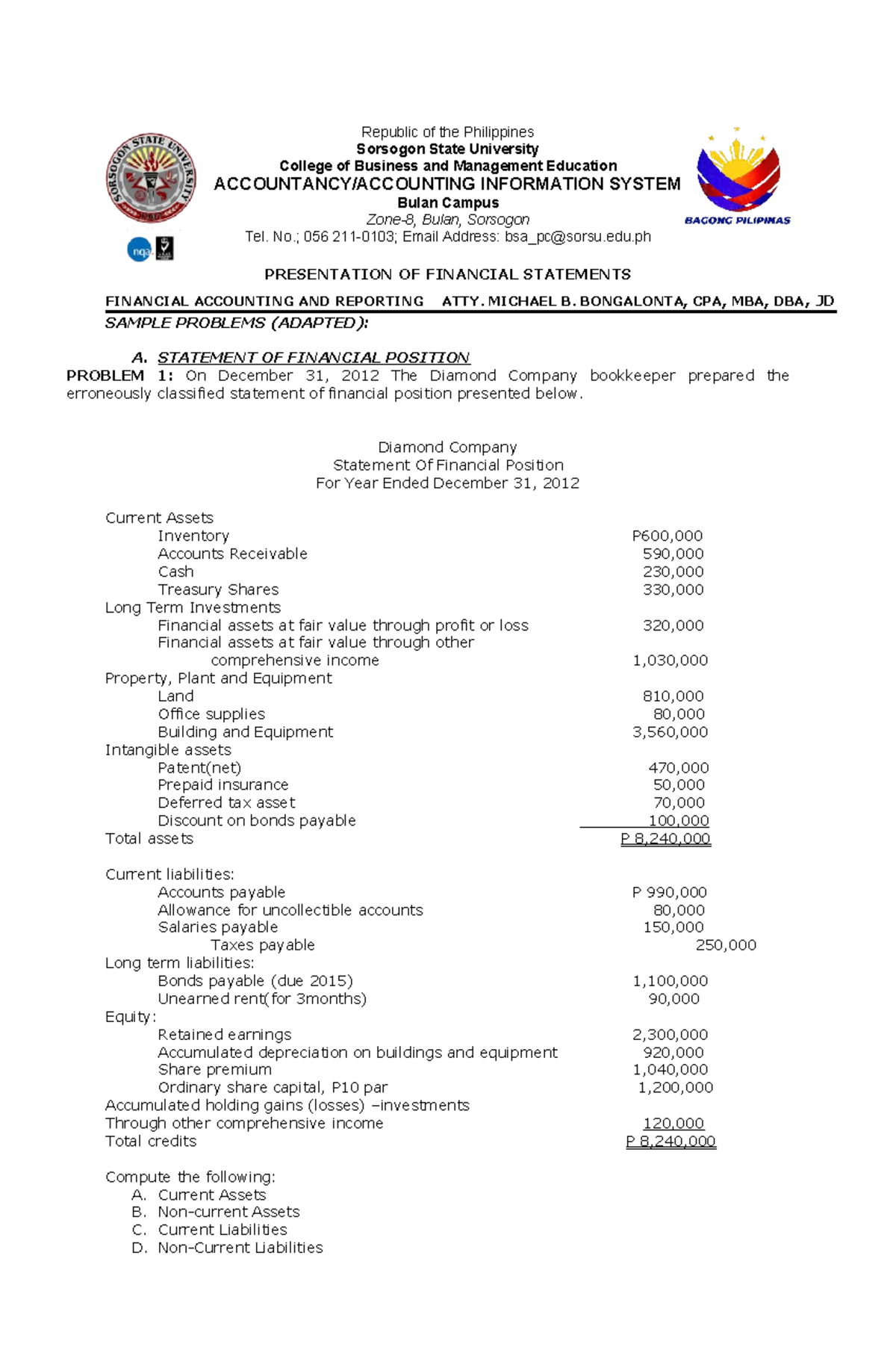 Presentation of Financial Statements: Sample Problems and Solutions ...