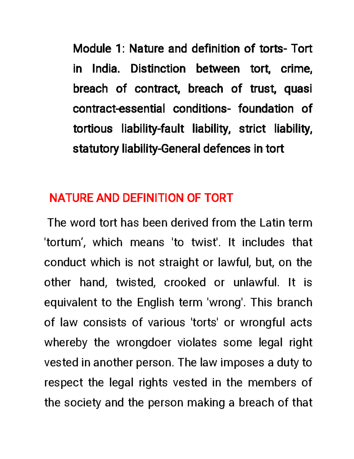 Module 1 - Law of torts- MG University 1st sem - Module 1 : Nature and ...