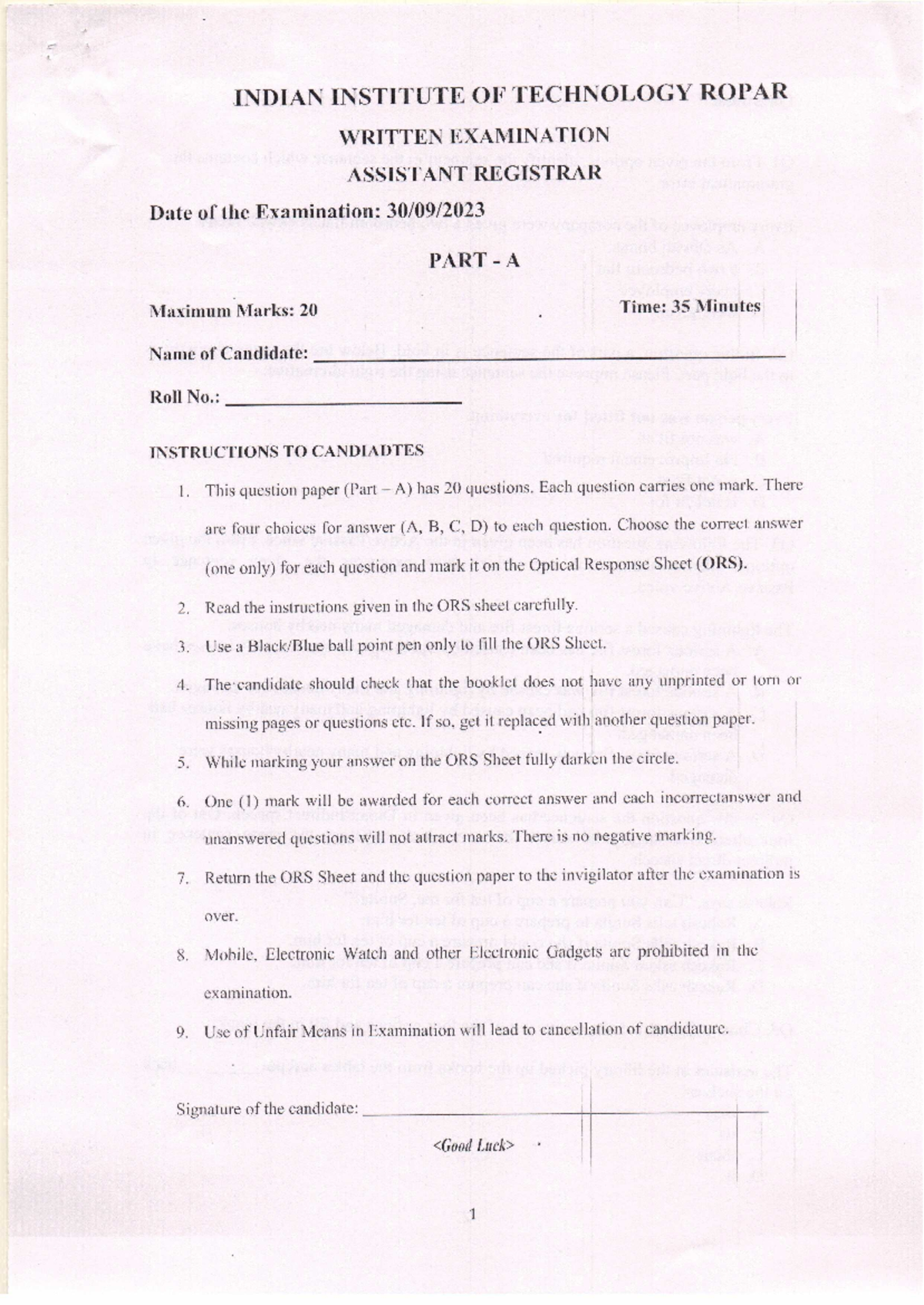 IIT Ropar Assistant Registrar Previous Year Papers for Exam Prep - Studocu
