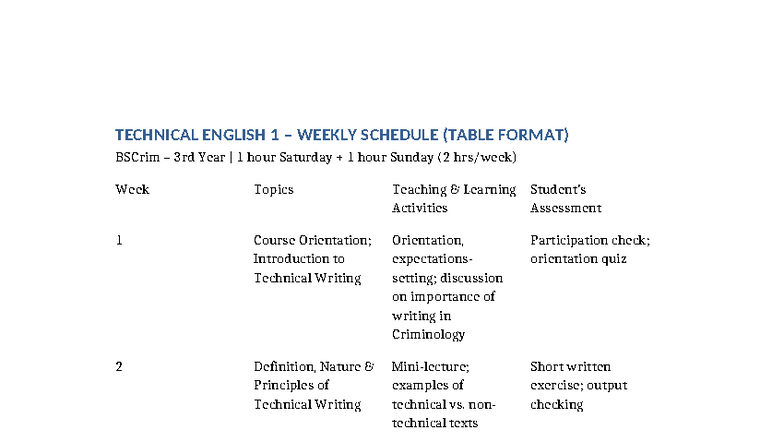 TECHNICAL ENGLISH 1 WEEKLY SCHEDULE BSCrim 3rd Year - Studocu