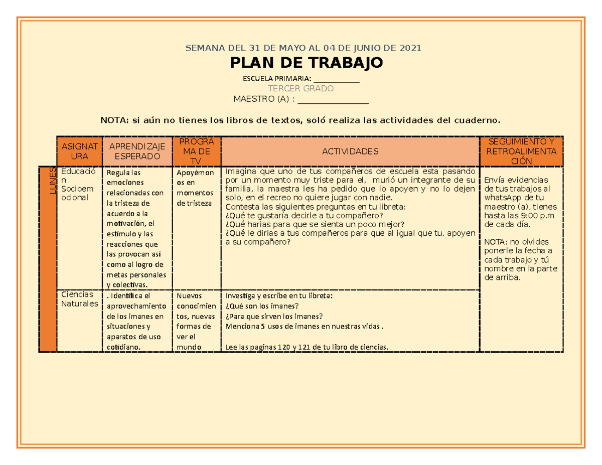 3o PLAN DE Trabajo Semana 37 - SEMANA DEL 31 DE MAYO AL 04 DE JUNIO DE ...