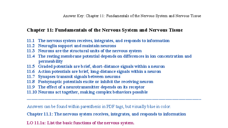 Answer Key: Chapter 11: Fundamentals of the Nervous System and ...